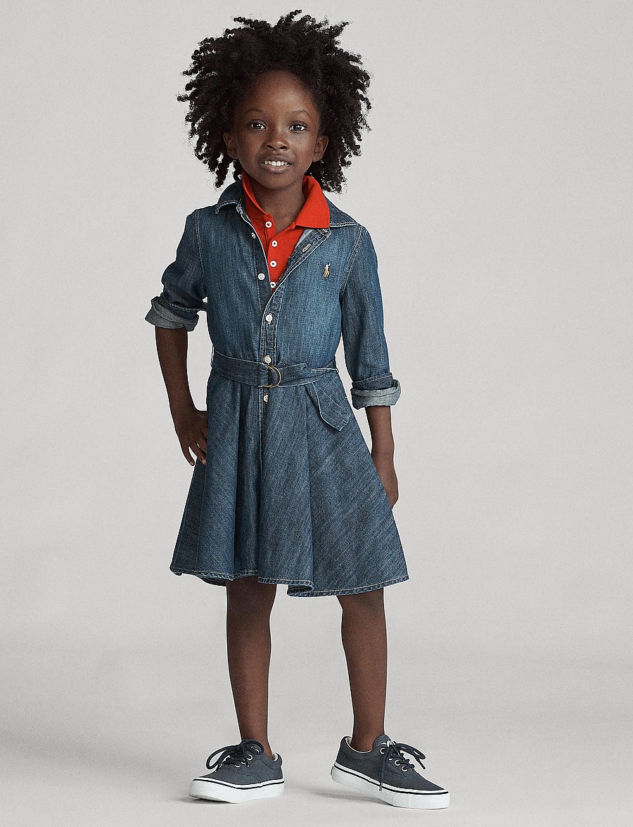 Ralph Lauren Kids - Belted Cotton Denim Shirtdress - långärmade vardagsklänningar - indigo - 4