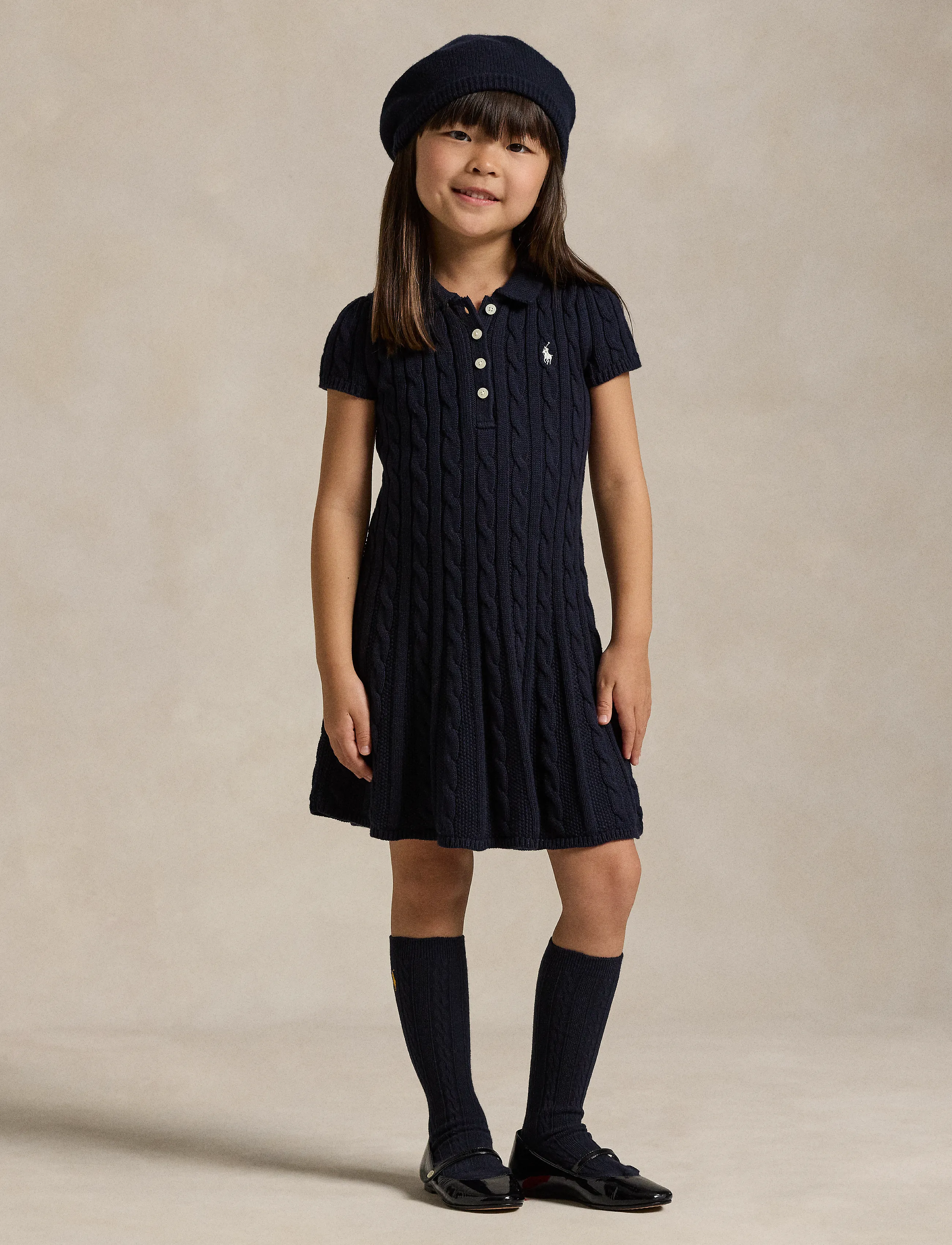 Ralph Lauren Kids Cable-Knit Cotton Polo Sweater Dress, 124-128, Casual Dresses, Marineblau - Short-sleeved Kinder