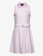 Belted Striped Knit Oxford Polo Dress - CARMEL PINK/ WHIT
