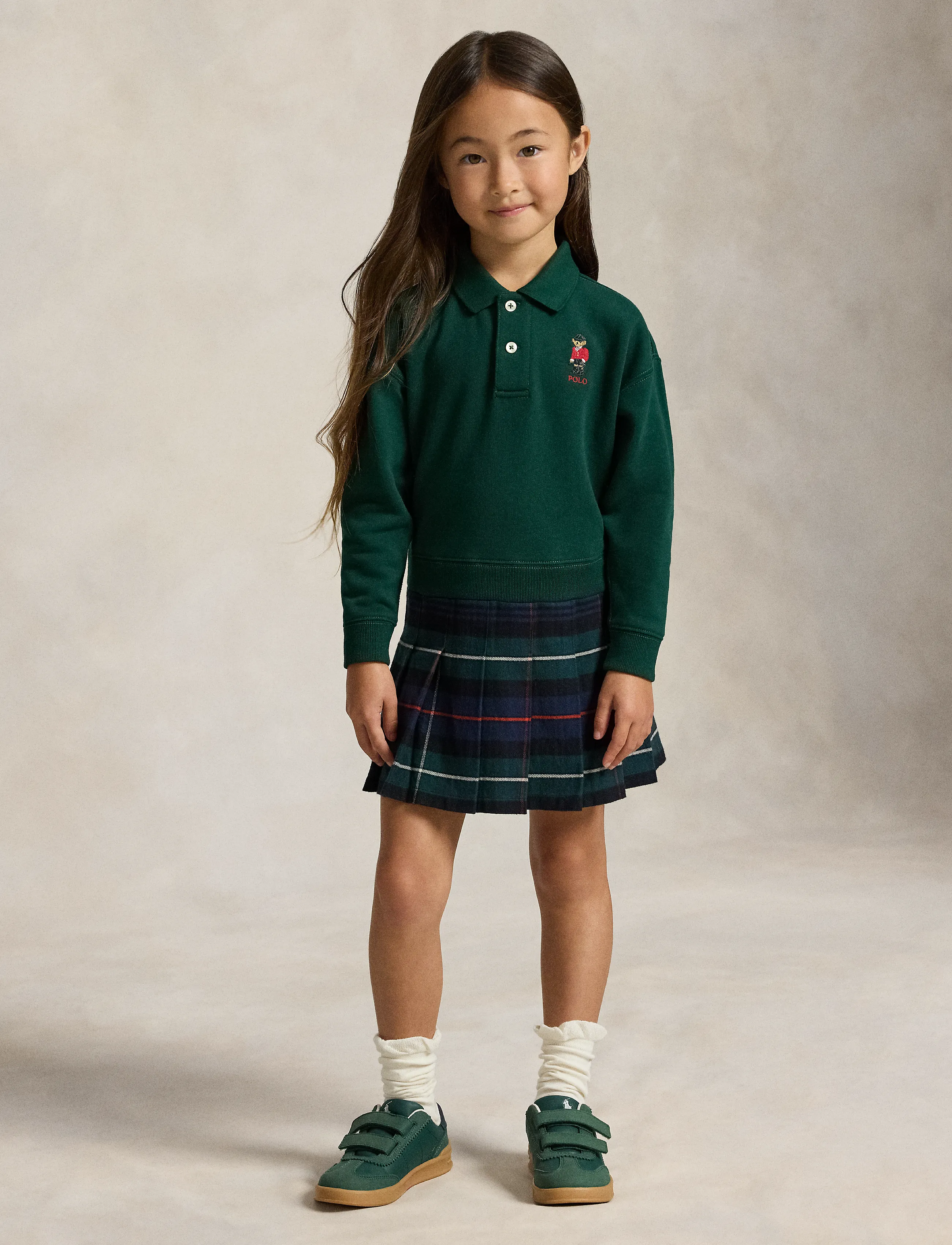 Ralph Lauren Kids - Polo Bear Pleated-Skirt Fleece Dress - langärmelige freizeitkleider - moss agate - 0