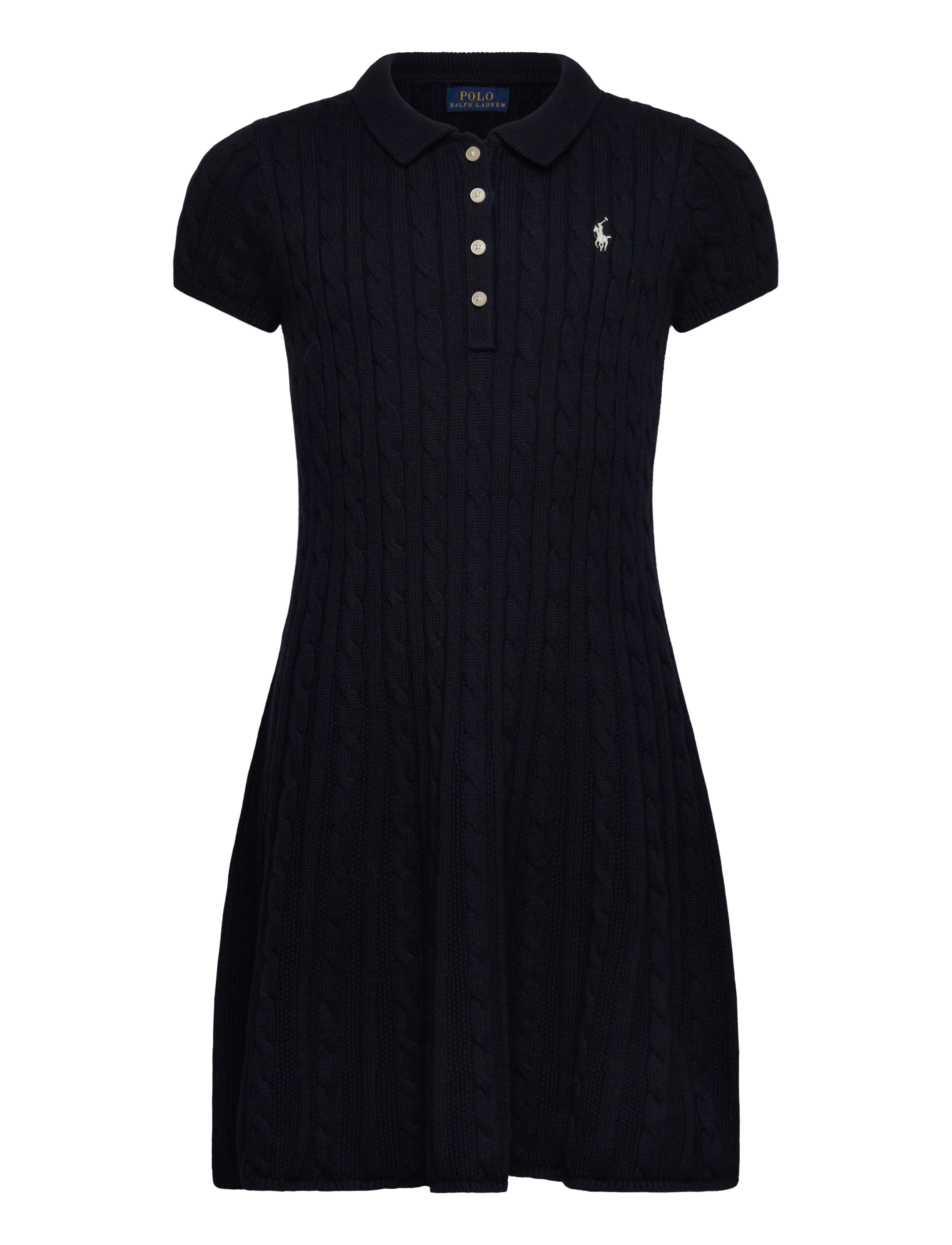 Ralph Lauren Kids Cable-Knit Cotton Polo Sweater Dress, 132-140, Casual Dresses, Marineblau - Short-sleeved Kinder