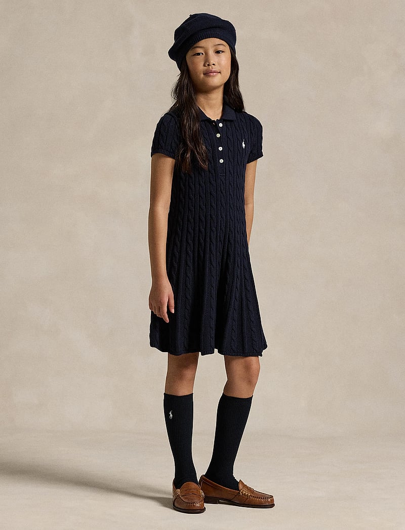 Ralph Lauren Kids - Cable-Knit Cotton Polo Sweater Dress - lühikeste varrukatega vabaaja kleidid - rl navy w/ prch c - 3