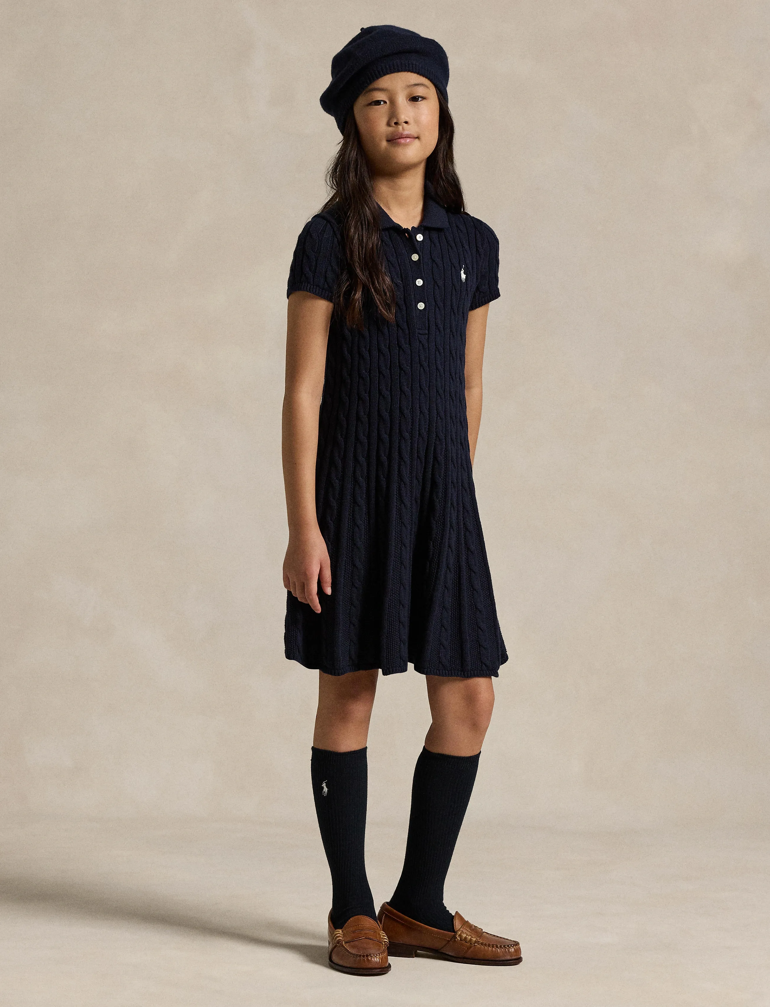 Ralph Lauren Kids - Cable-Knit Cotton Polo Sweater Dress - kurzärmelige freizeitkleider - rl navy w/ prch c - 3