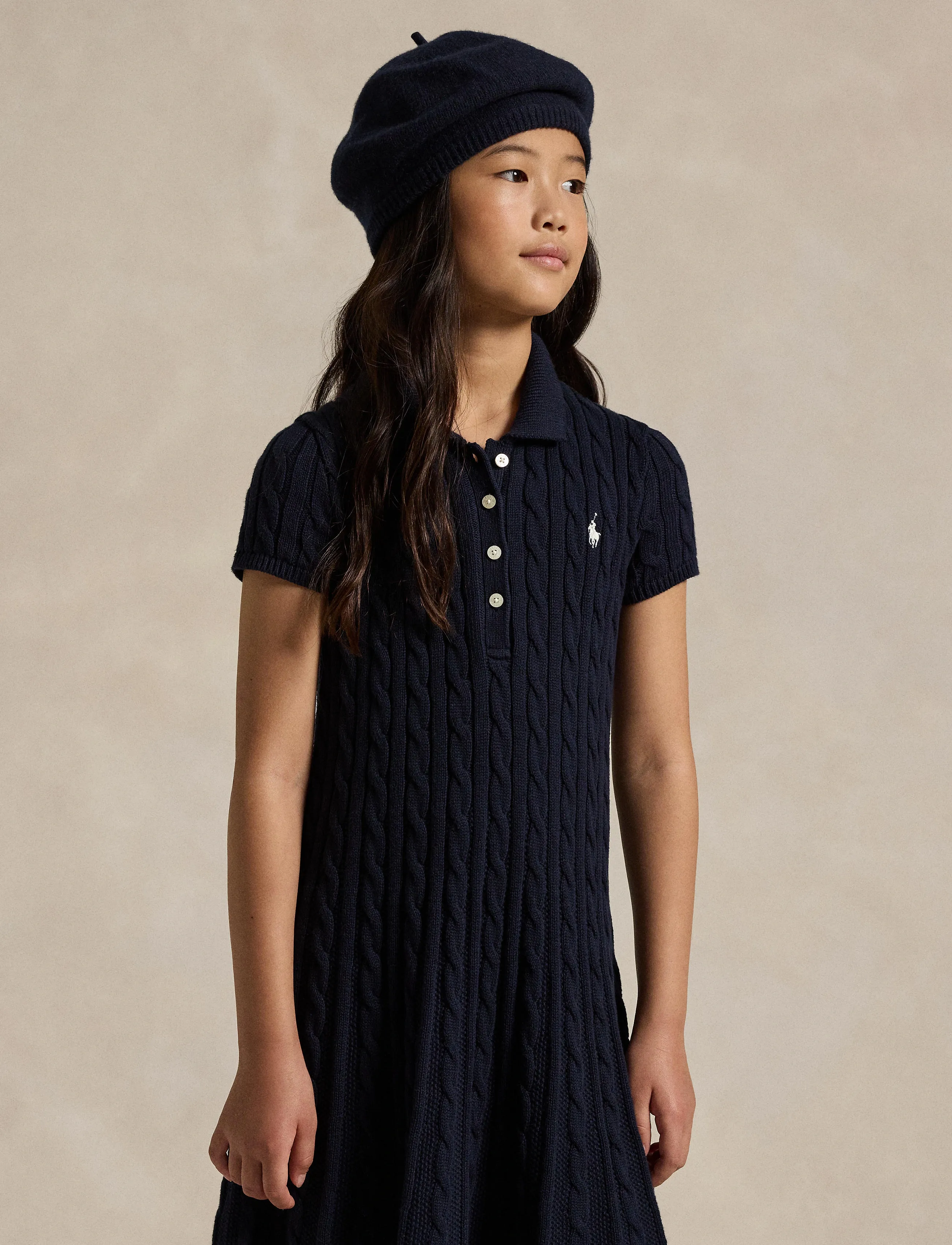 Ralph Lauren Kids - Cable-Knit Cotton Polo Sweater Dress - kurzärmelige freizeitkleider - rl navy w/ prch c - 4