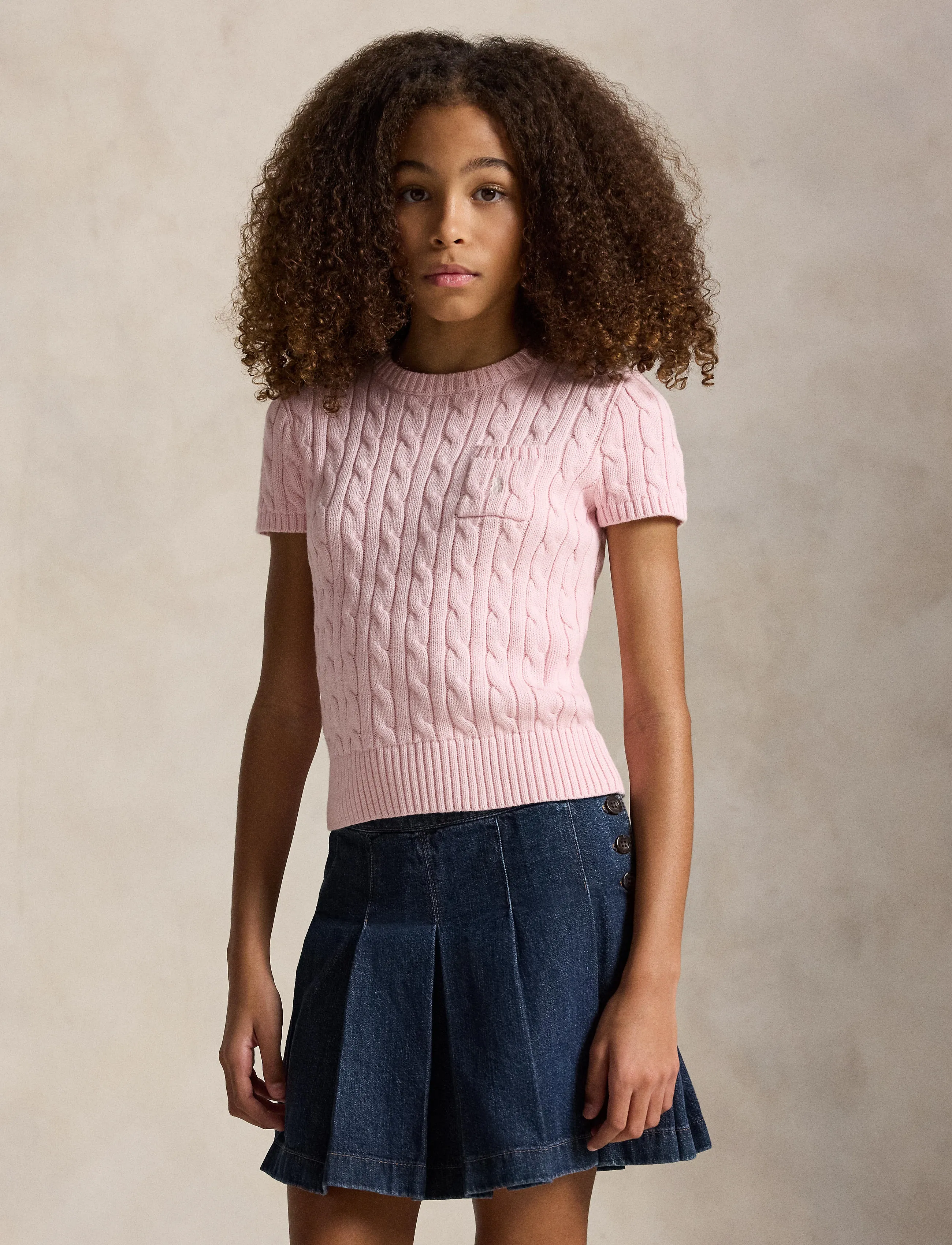 Ralph Lauren Kids - Cable-Knit Cotton Short-Sleeve Sweater - t-krekli ar īsām piedurknēm - hint of pink w/ n - 3
