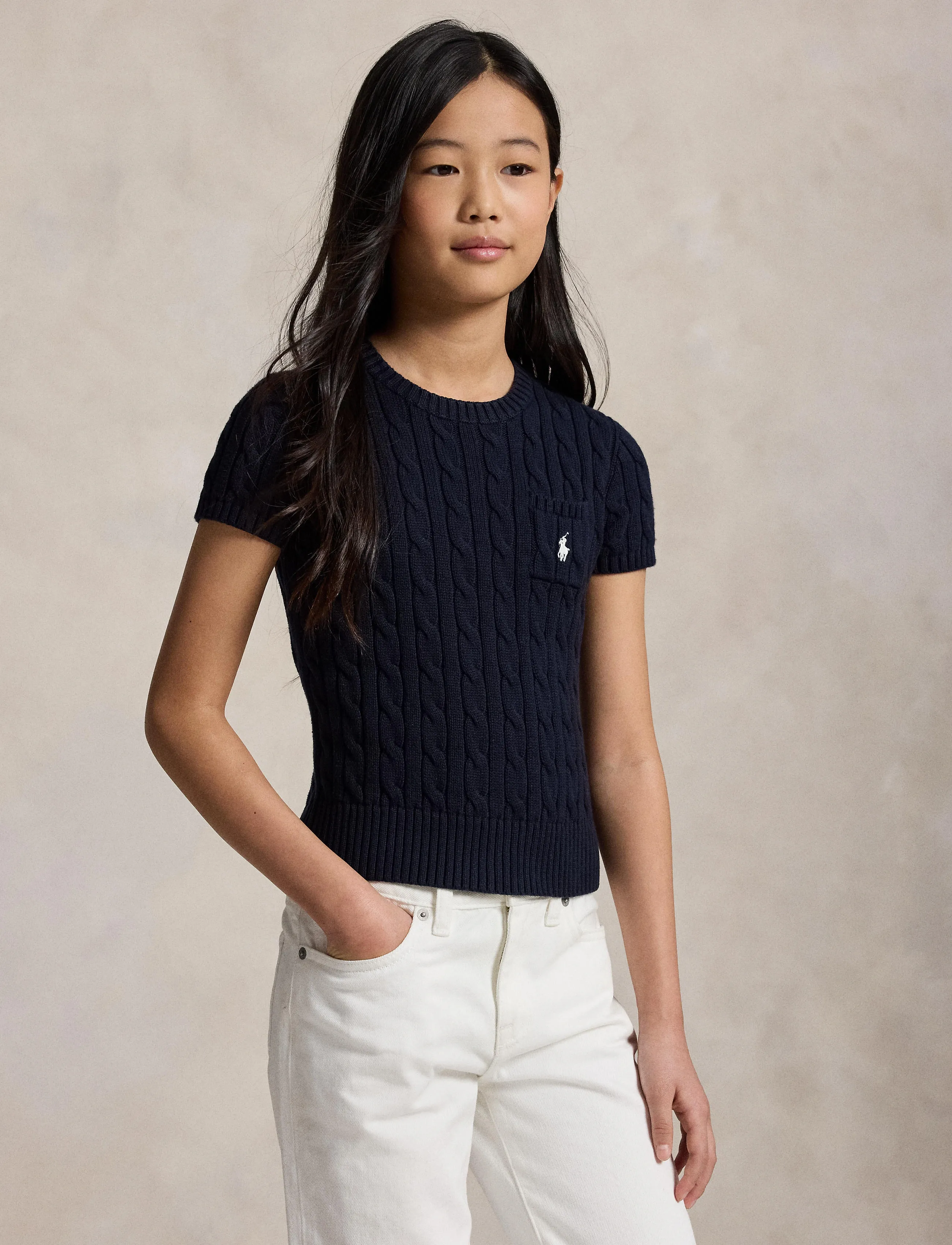 Ralph Lauren Kids - Cable-Knit Cotton Short-Sleeve Sweater - kortærmede t-shirts - rl navy w/ nevis - 3