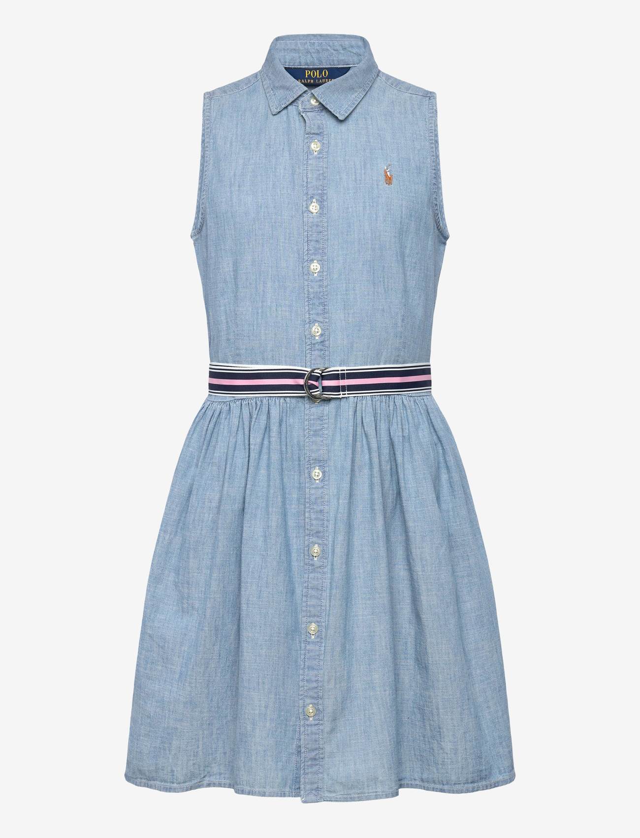 Ralph Lauren Kids - Belted Cotton Chambray Shirtdress - sleeveless casual dresses - medium wash - 0