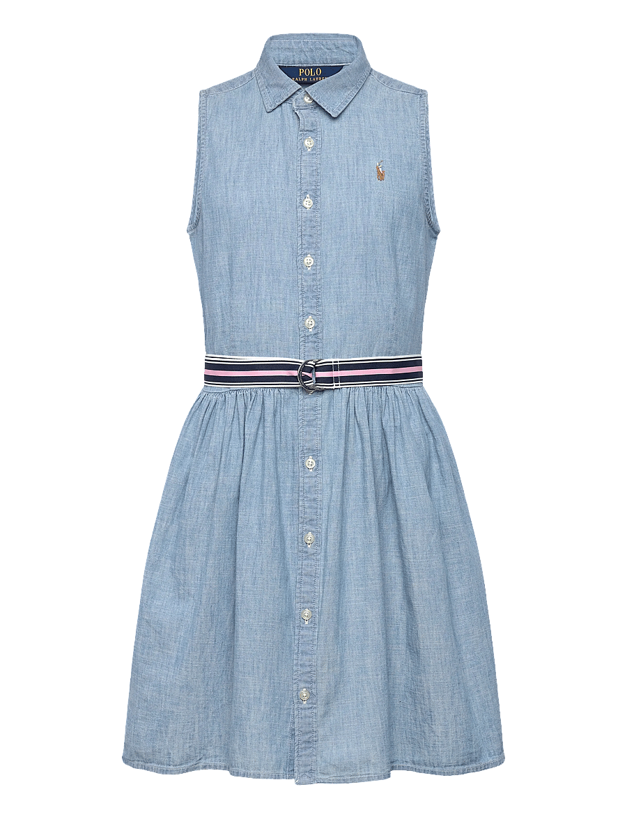 Ralph Lauren Kids - Belted Cotton Chambray Shirtdress - casual jurken zonder mouwen - medium wash - 0