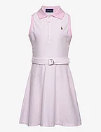 Belted Striped Knit Oxford Polo Dress - CARMEL PINK/ WHIT