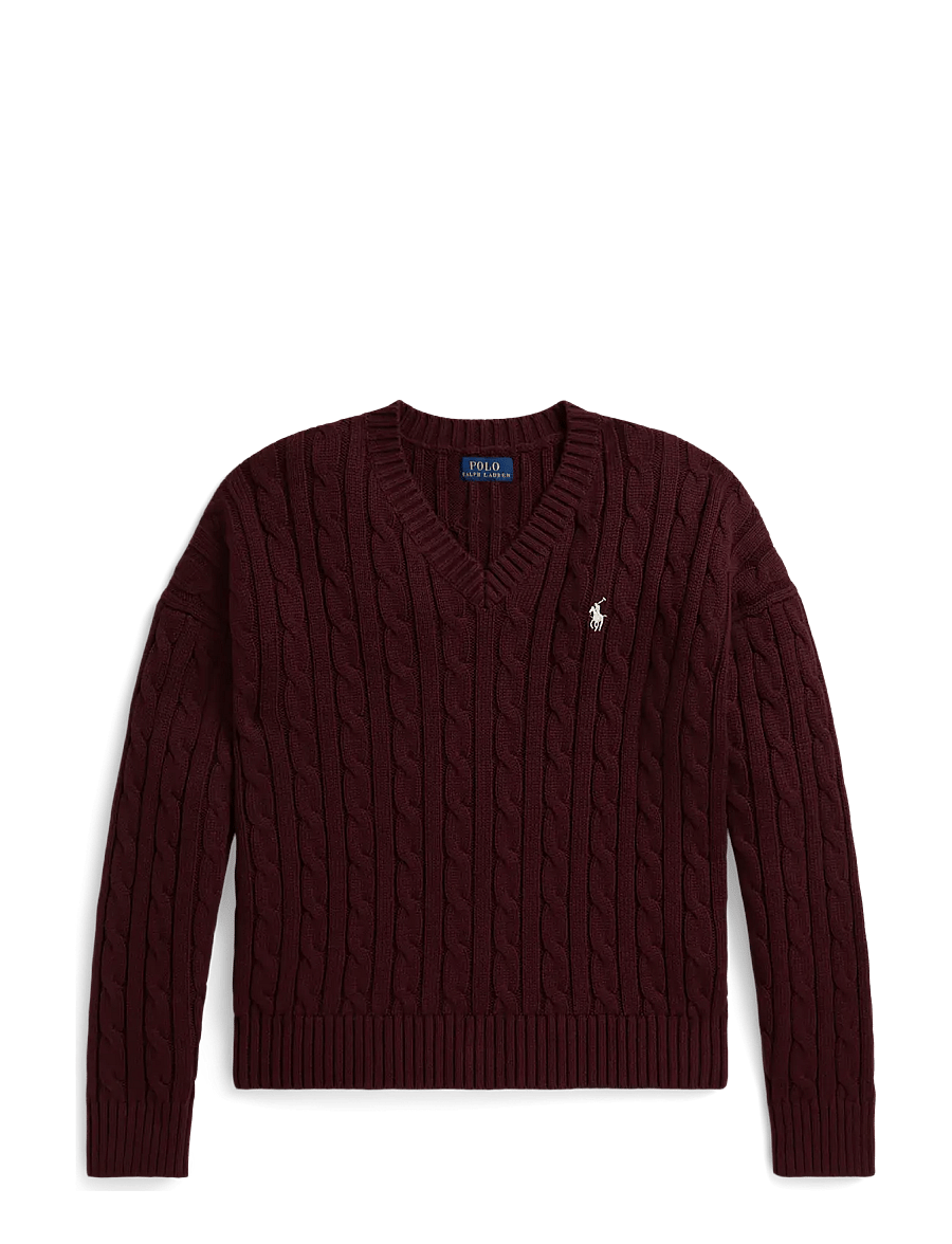 Ralph Lauren Kids - Cable-Knit Cotton V-Neck Sweater - pullover - rich ruby - 1