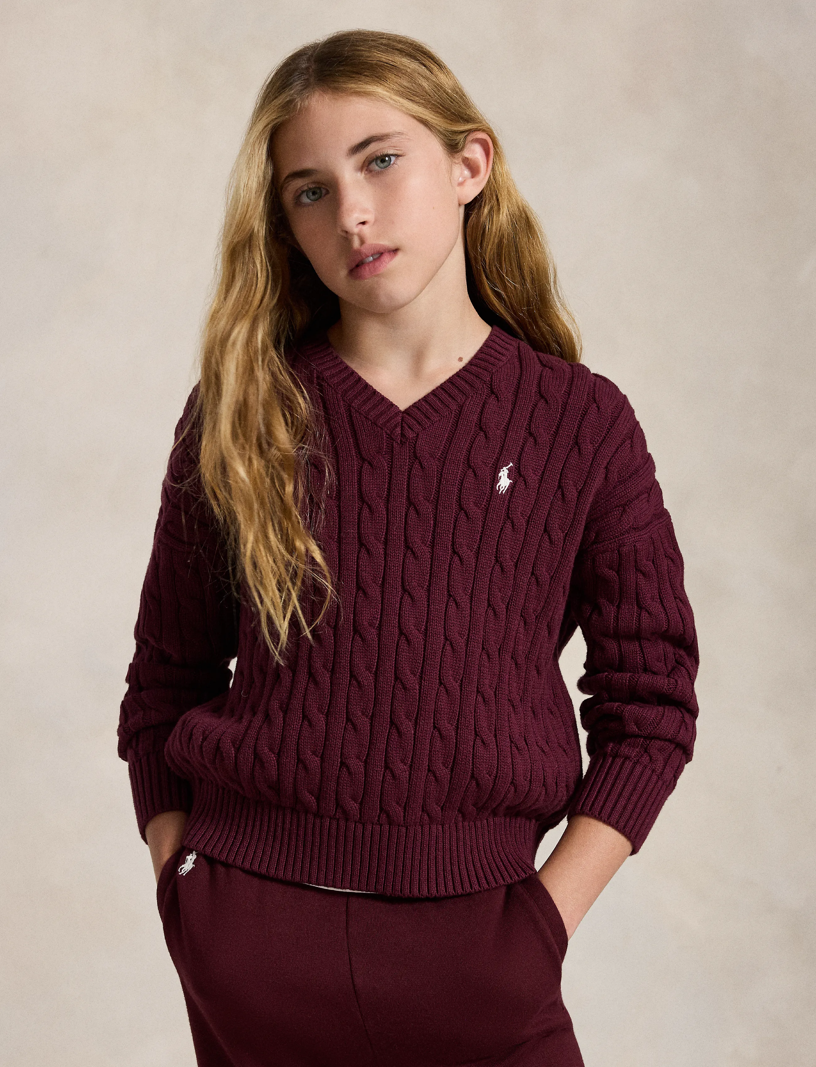 Ralph Lauren Kids Cable-Knit Cotton V-Neck Sweater - Overdele - RICH RUBY / burgundy
