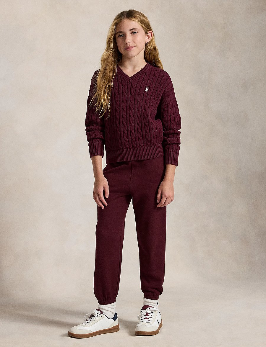 Ralph Lauren Kids - Cable-Knit Cotton V-Neck Sweater - pullover - rich ruby - 3