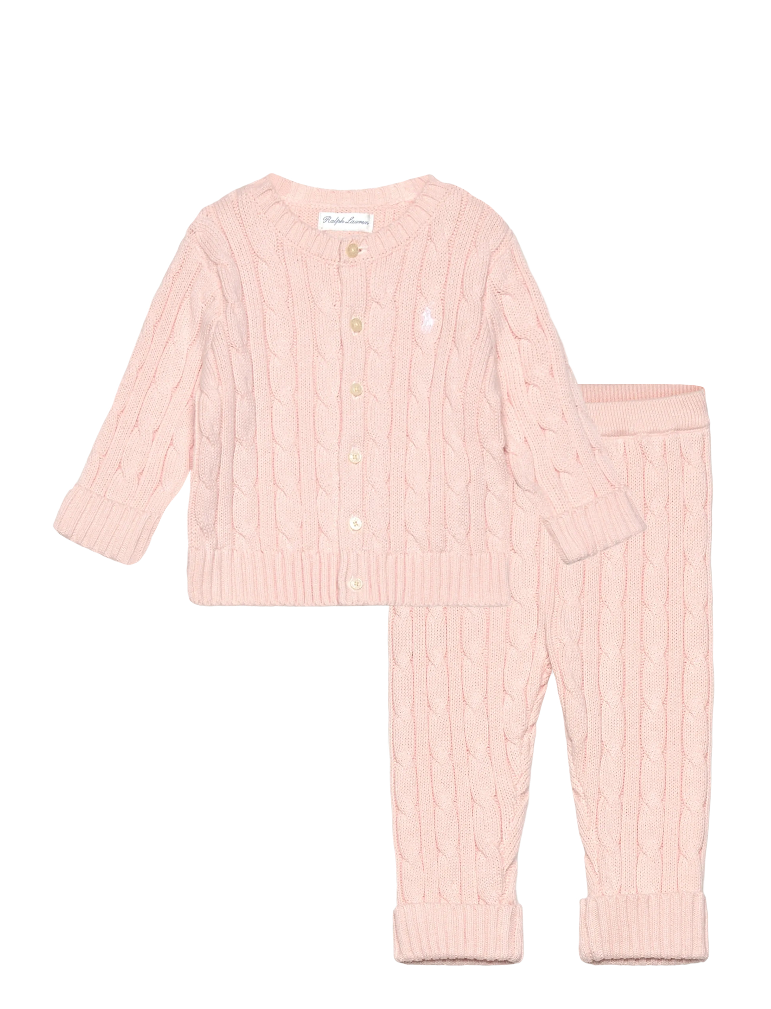 Cable-Knit Cotton Cardigan & Pant Set - MORNING PINK