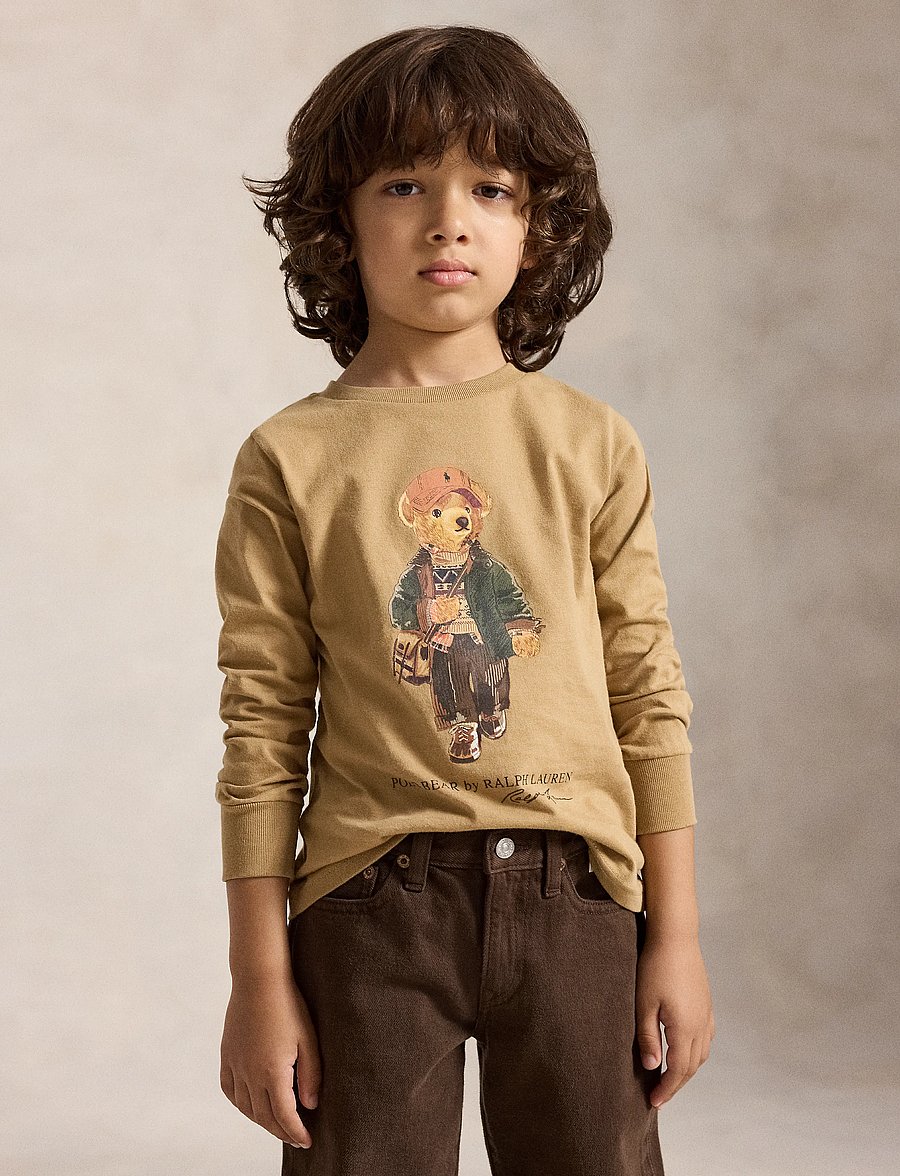 Ralph Lauren Kids - Polo Bear Cotton Long-Sleeve Tee - långärmade t-shirts - camel - 0