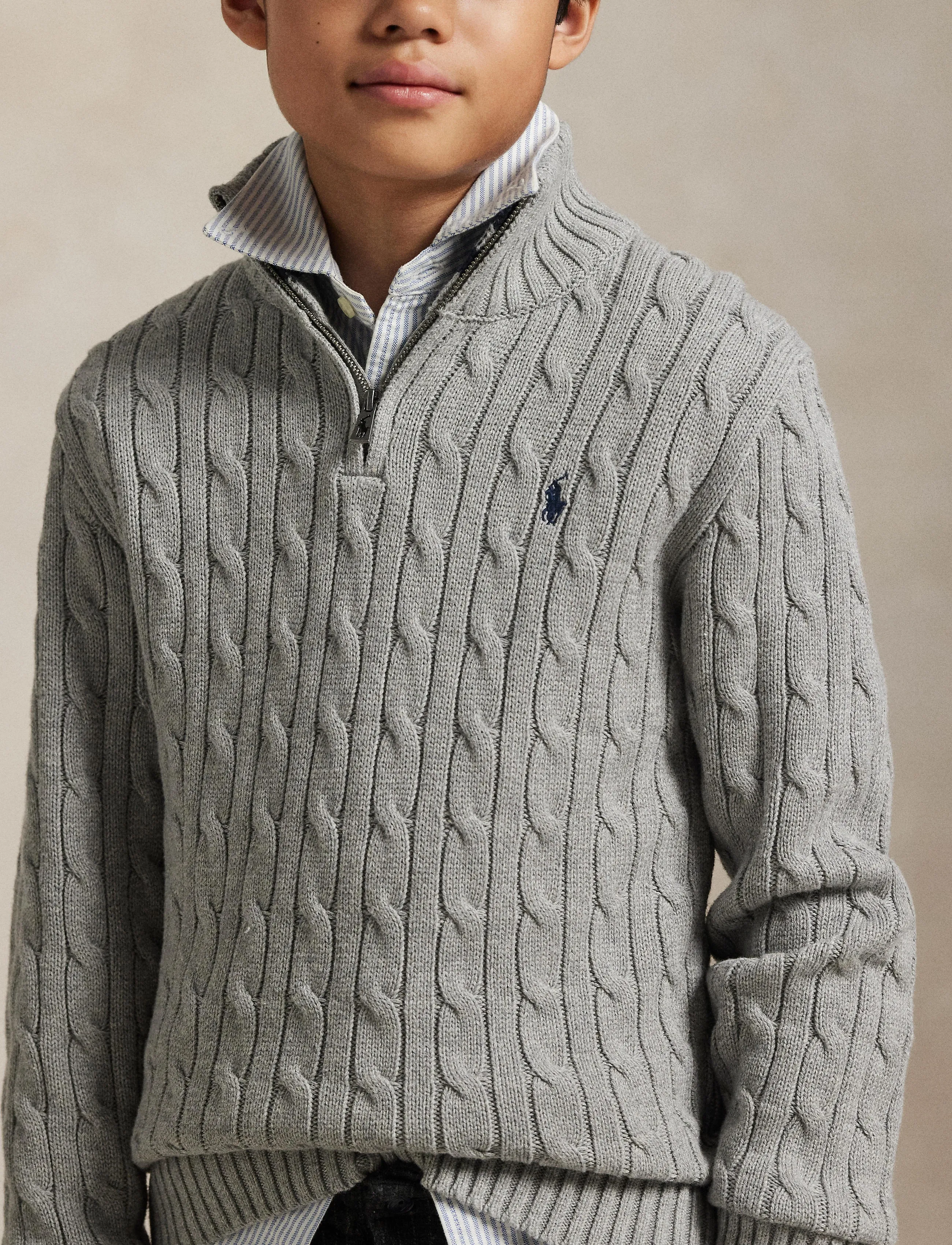 Ralph Lauren Kids - Cable-Knit Cotton Quarter-Zip Sweater - pullover - andover heather/c - 3