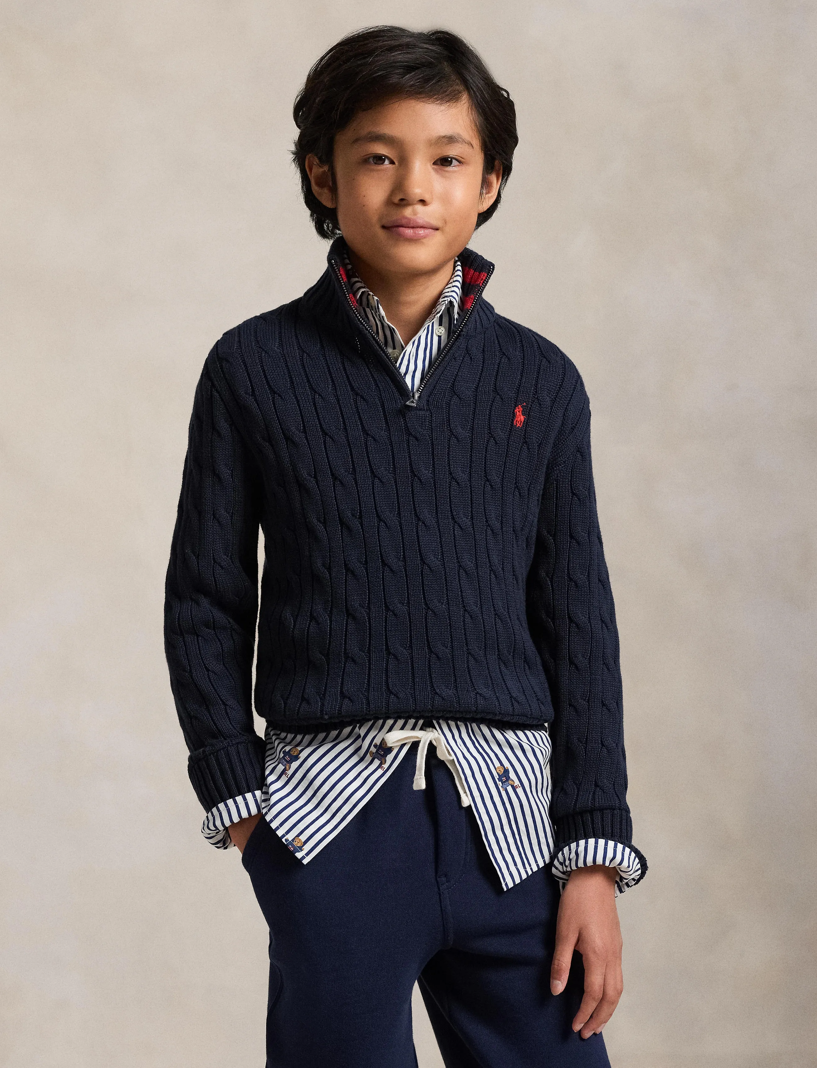 Ralph Lauren Kids - Cable-Knit Cotton Quarter-Zip Sweater - trøjer - rl navy/c3807 - 4