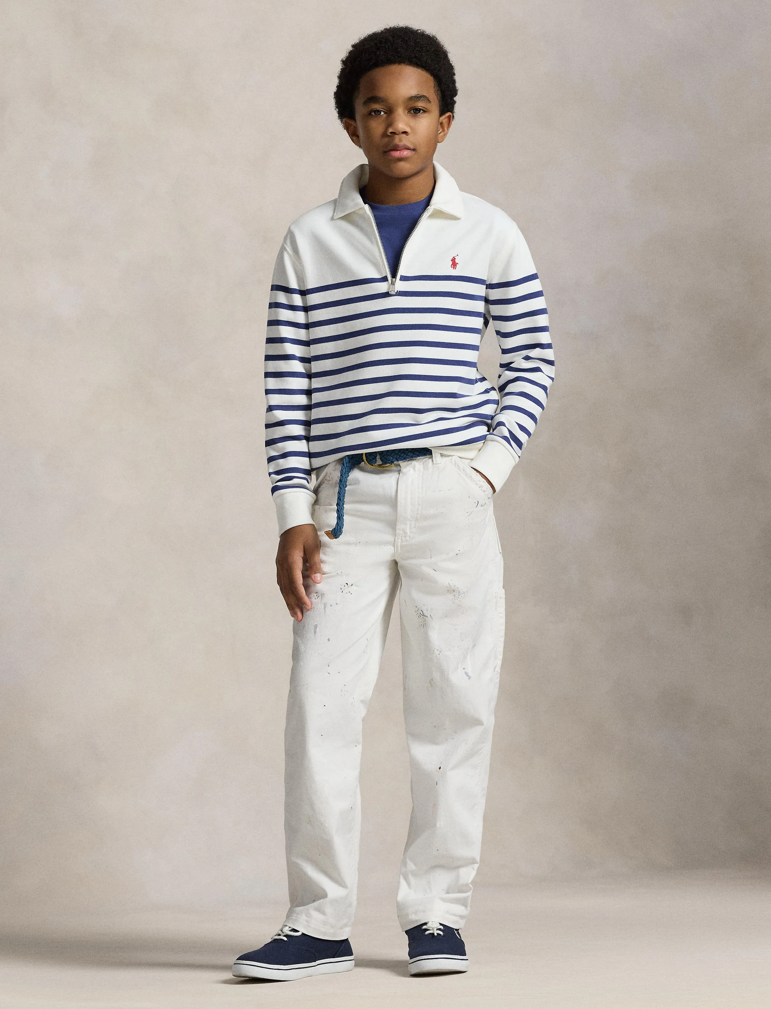 Ralph Lauren Kids Striped French Terry Quarter-Zip Sweater - Langärmelig poloshirt - DECKWASH WHITE/LI / navy