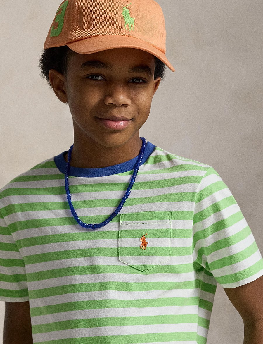Ralph Lauren Kids - Striped Cotton Jersey Pocket Tee - kurzärmelige - collection lime/w - 4