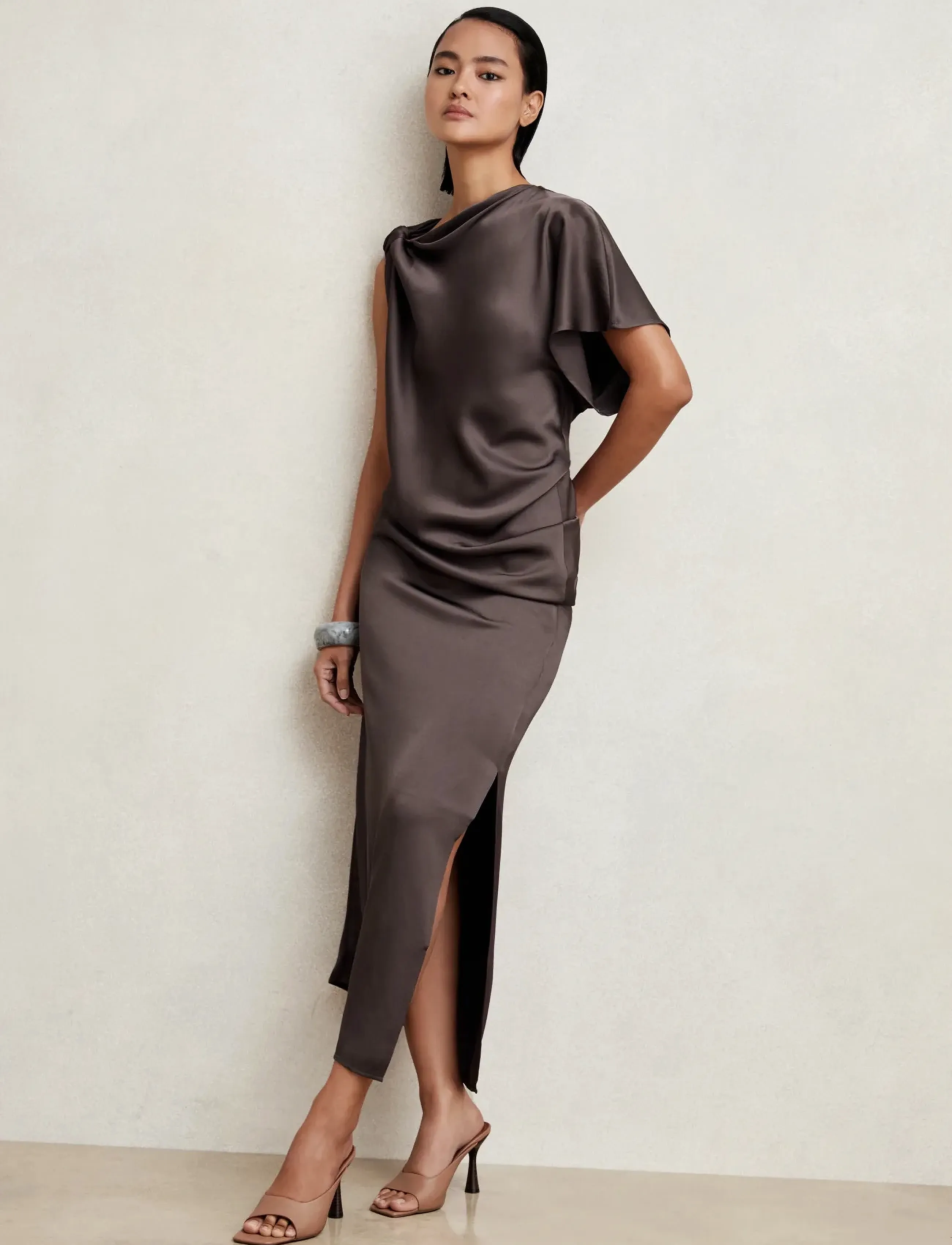 Reiss Kenzie Drape Midi Dress, 38, Brown, Kjoler > Knælange Og Midi, Dame