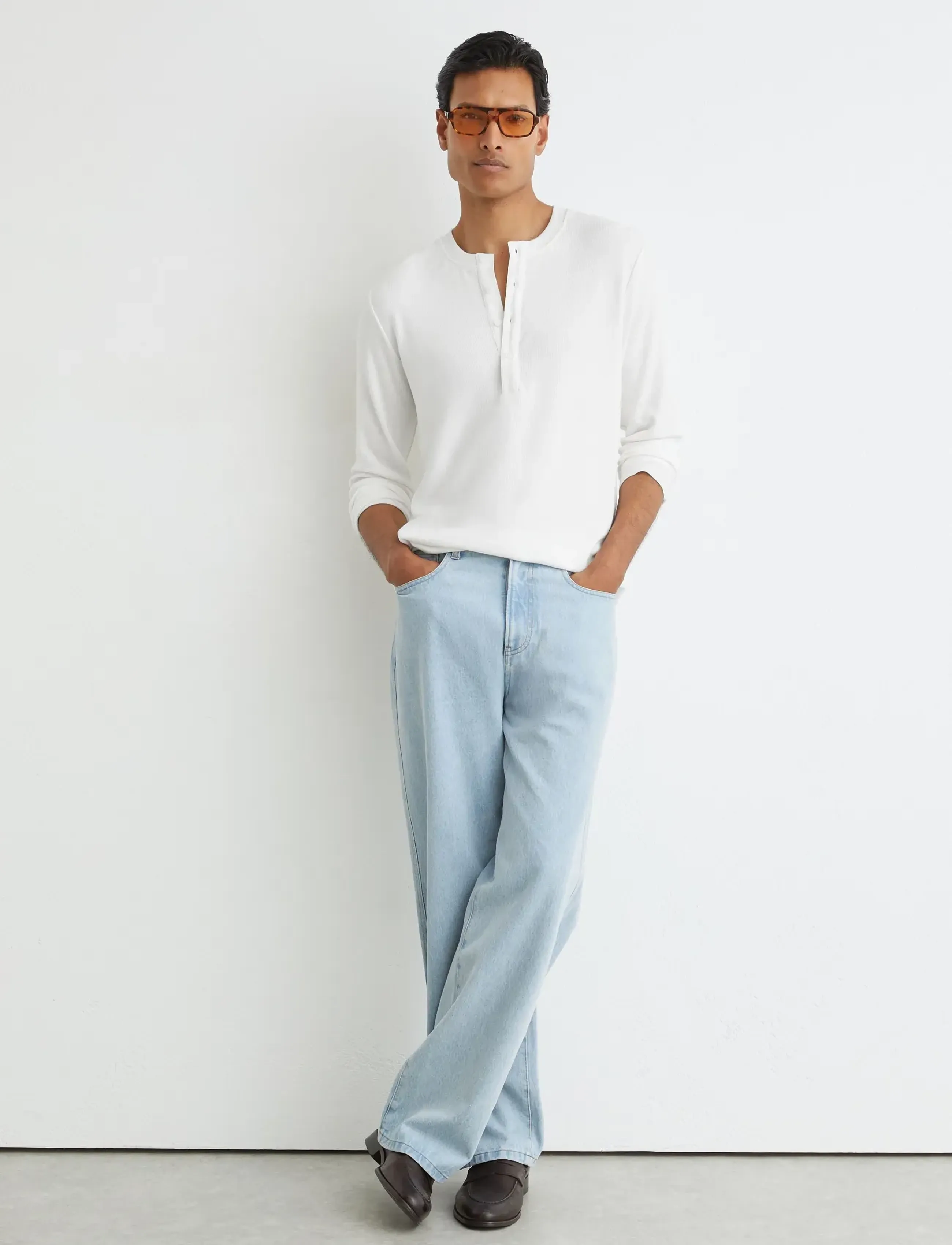 Reiss FRANCISCO LS TEXTURED GRANDAD COLLAR POLO - T-Shirts - WHITE / white