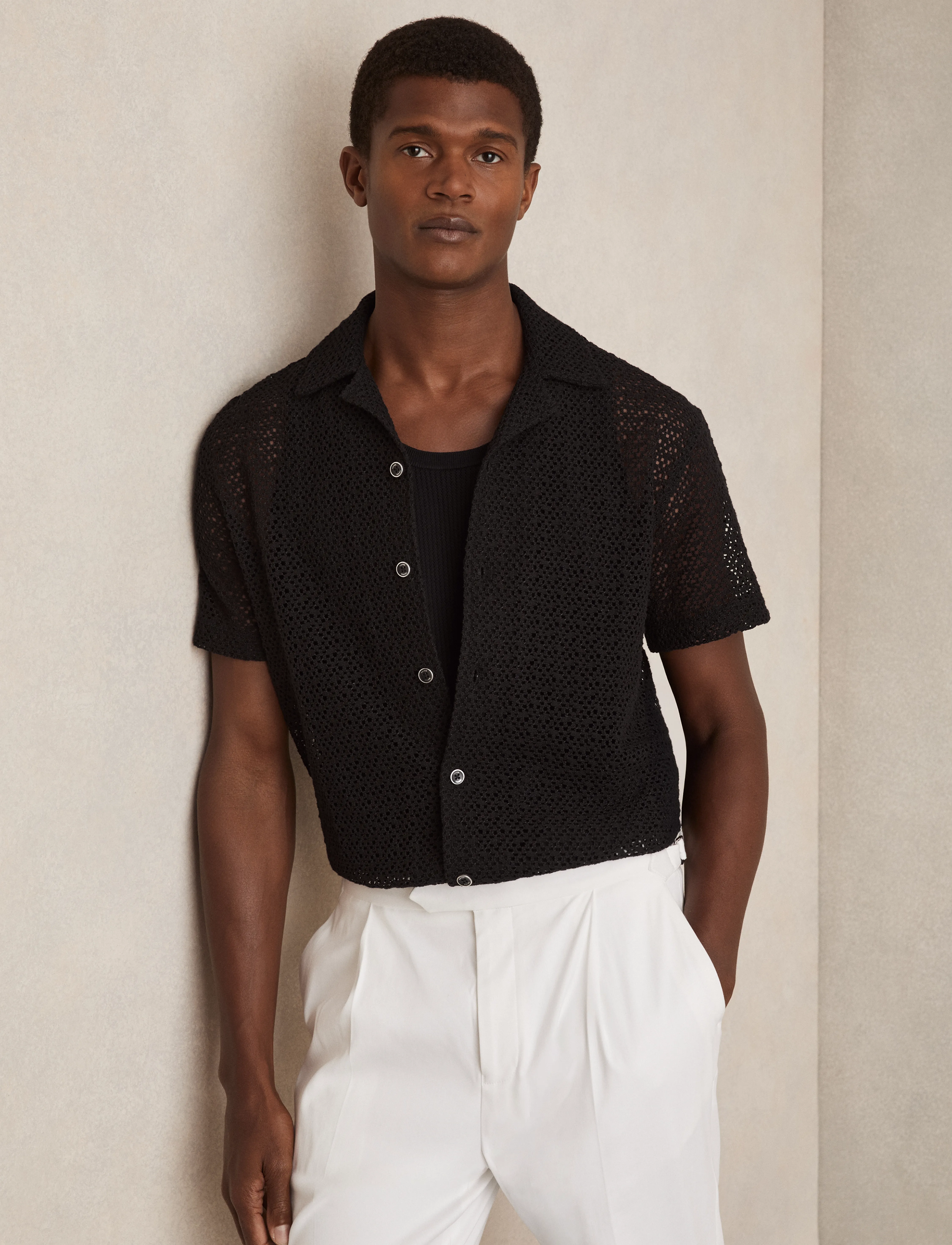 Reiss Sterling, M, Knitwear, Schwarz - Short Sleeve Knitted Polos, Männerswear