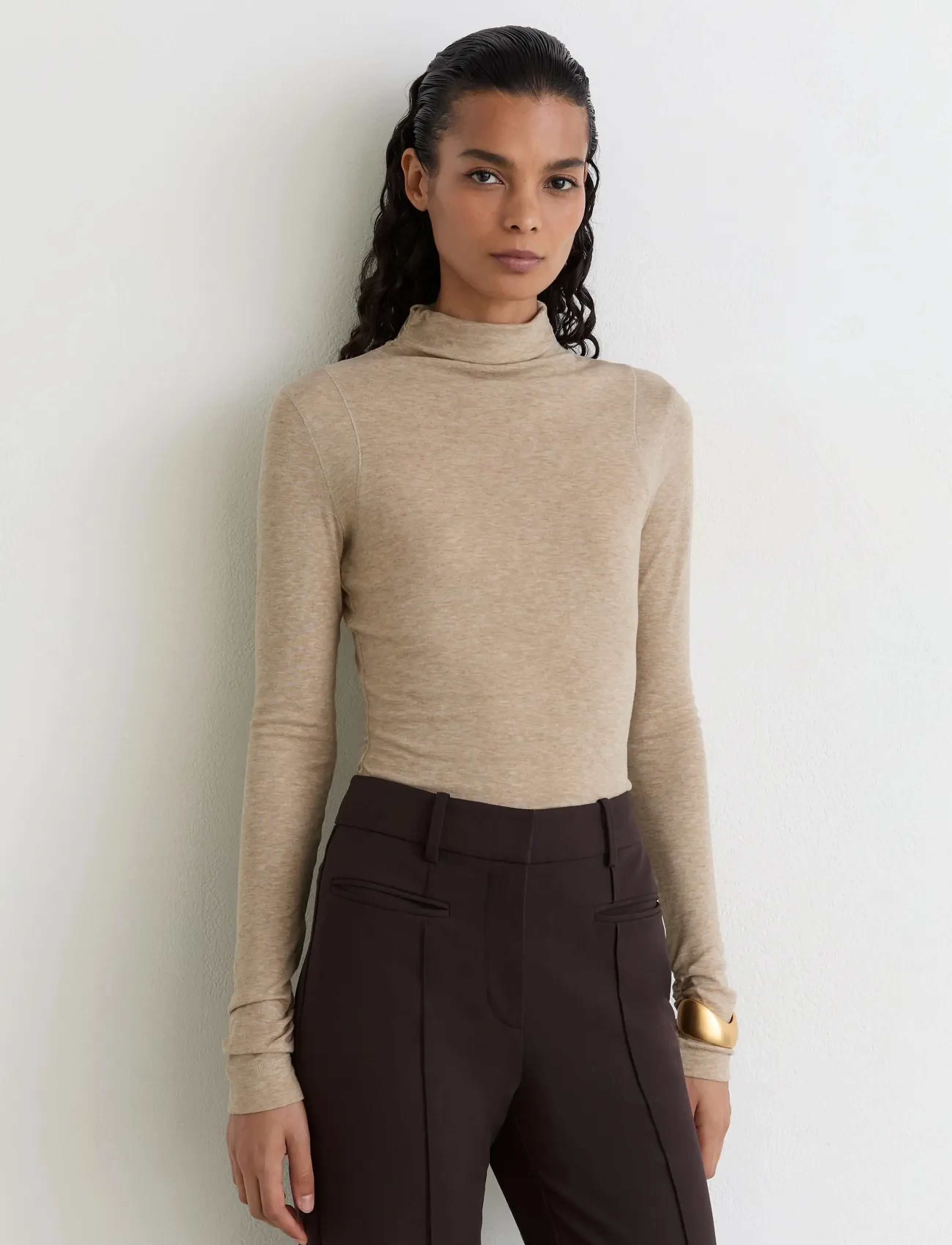 Reiss HEIDI LONG SLEEVE RUCHED TEE - Reiss - OATMEAL NEUTRAL / beige