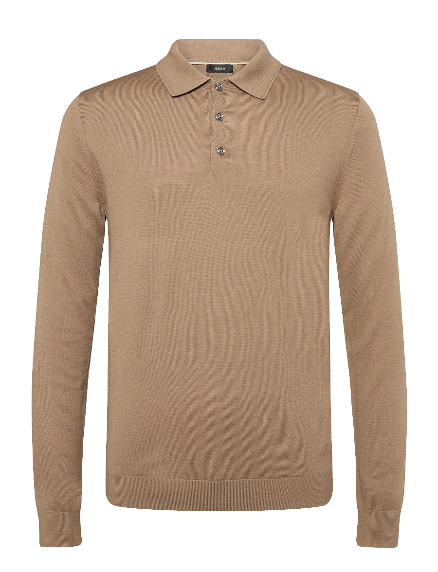 Reiss - TRAFFORD LS HALF BUTTON MERINO WOOL POLO - langärmelige strick-polohemden - camel brown - 0