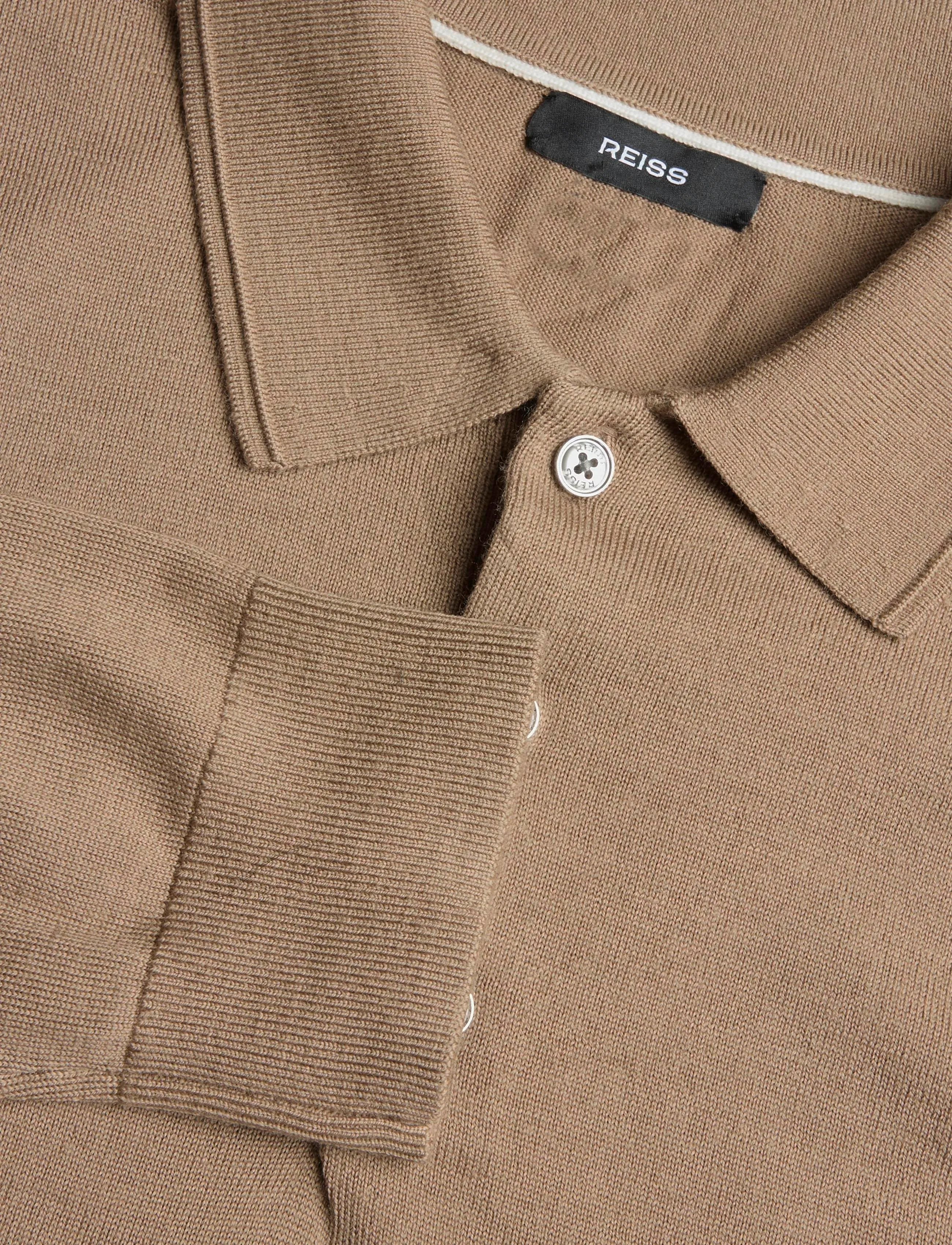 Reiss - TRAFFORD LS HALF BUTTON MERINO WOOL POLO - langärmelige strick-polohemden - camel brown - 2