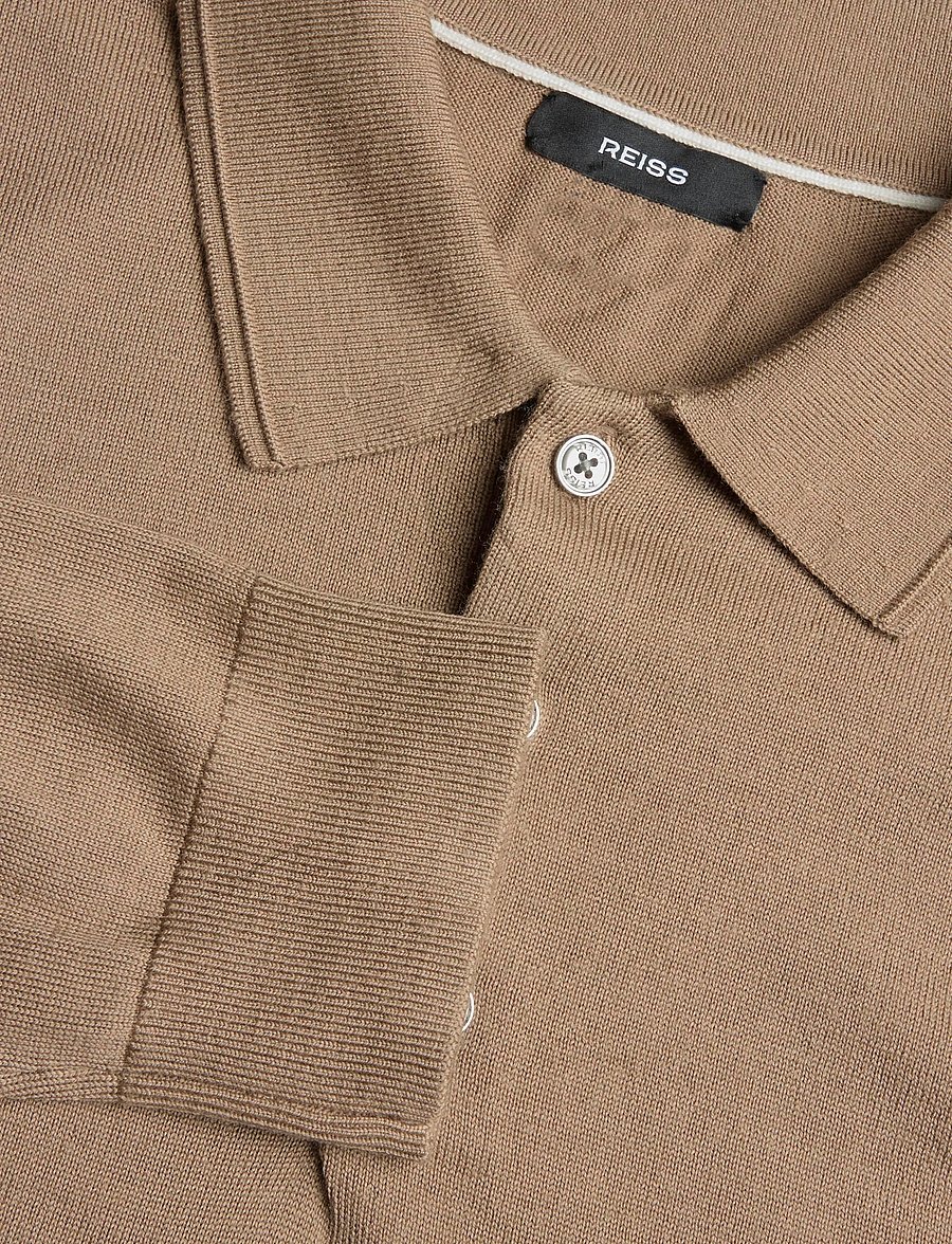 Reiss - TRAFFORD LS HALF BUTTON MERINO WOOL POLO - langärmelige strick-polohemden - camel brown - 2