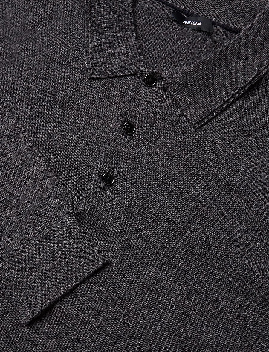 Reiss - TRAFFORD LS HALF BUTTON MERINO WOOL POLO - langärmelige strick-polohemden - dark wicker brown - 2