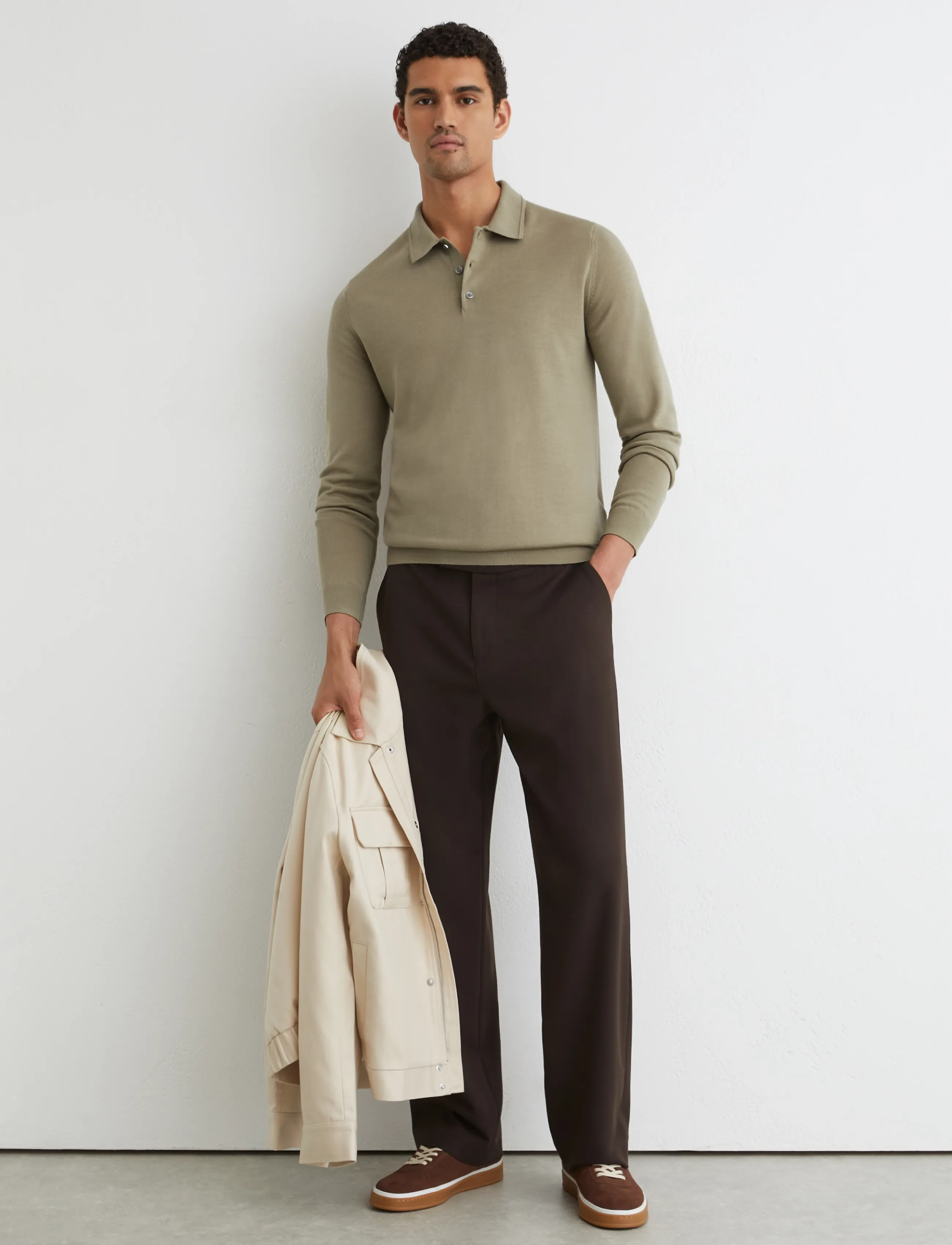 Reiss TRAFFORD - Langärmelige Strick-Polohemden - 33 SOFT OLIVE GREEN / khaki/green