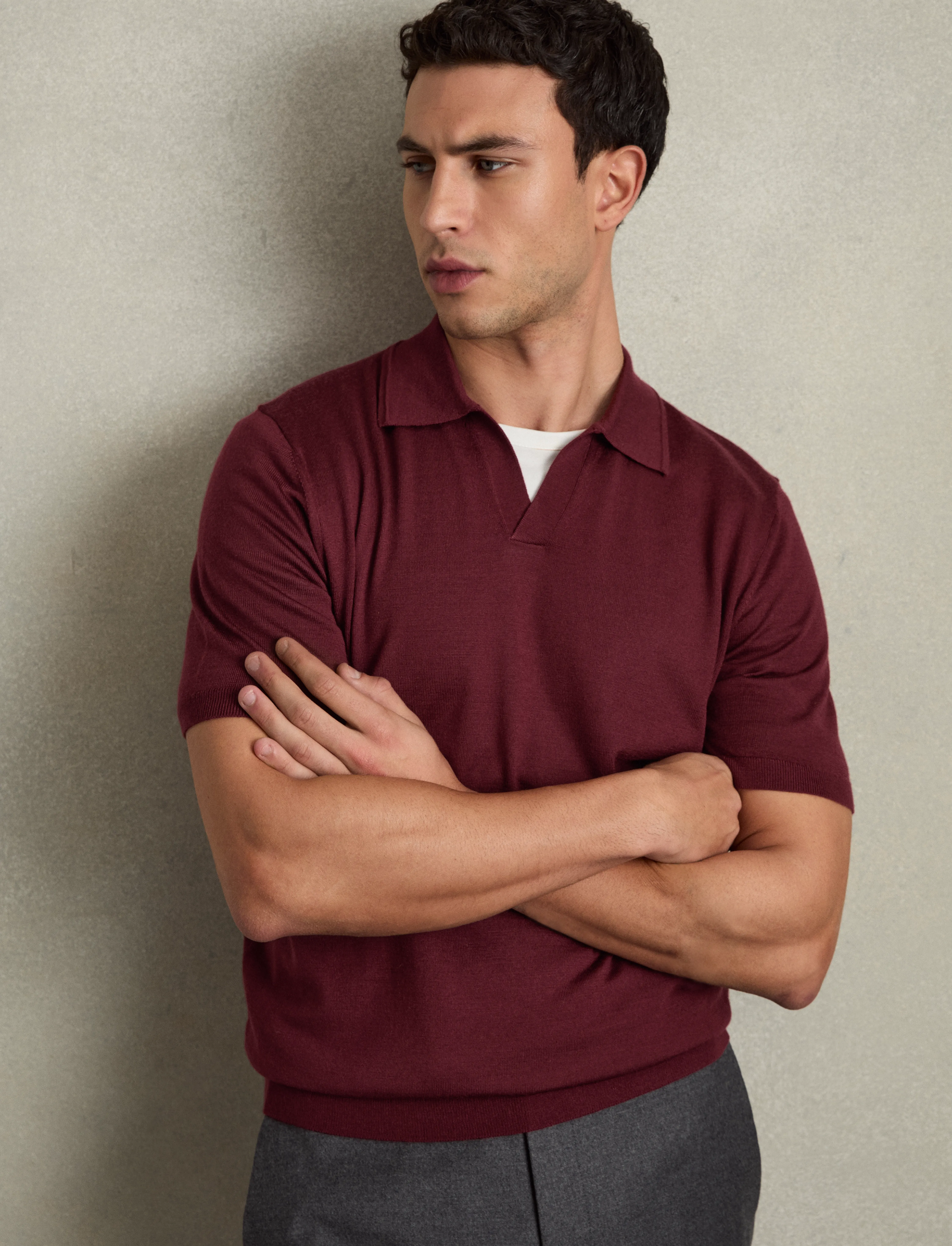 Reiss Duchie, Mænd, Strikket Poloshirt, Bordeaux, Str: S