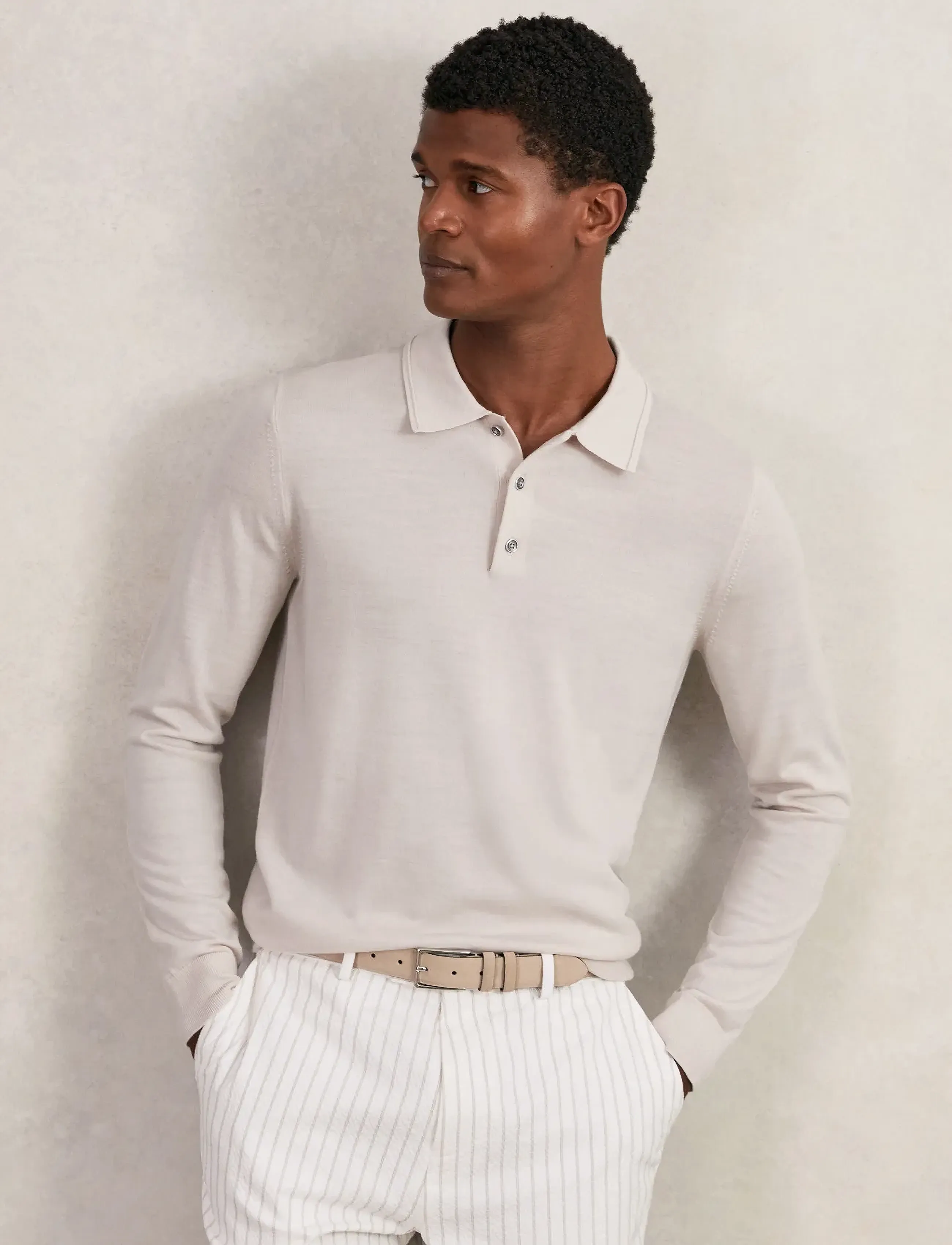 Reiss Trafford, M, Polos, Creme - Long-sleeved, Männerswear