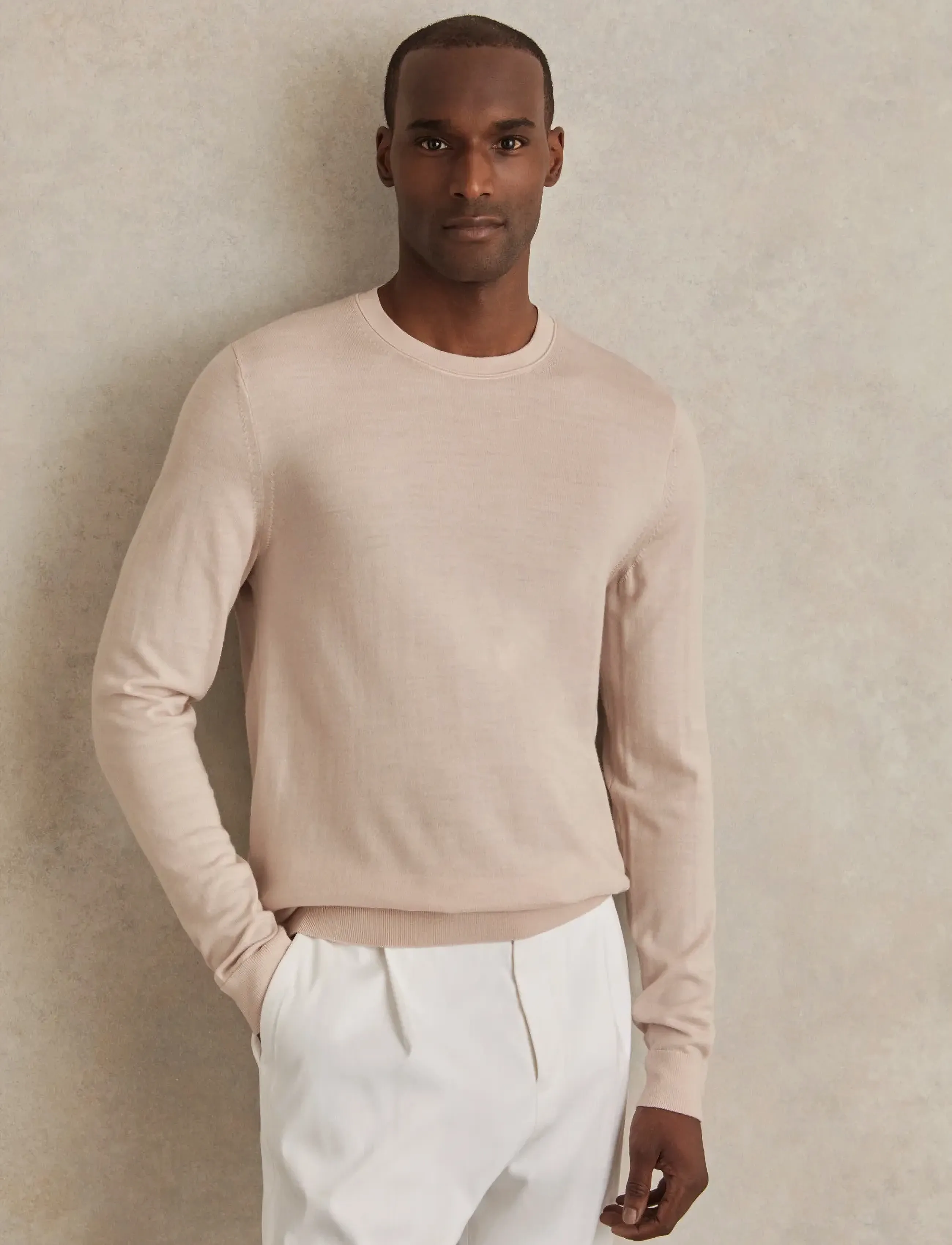 Reiss Wessex, Mænd, Rundhalset Sweater, Beige, Str: L