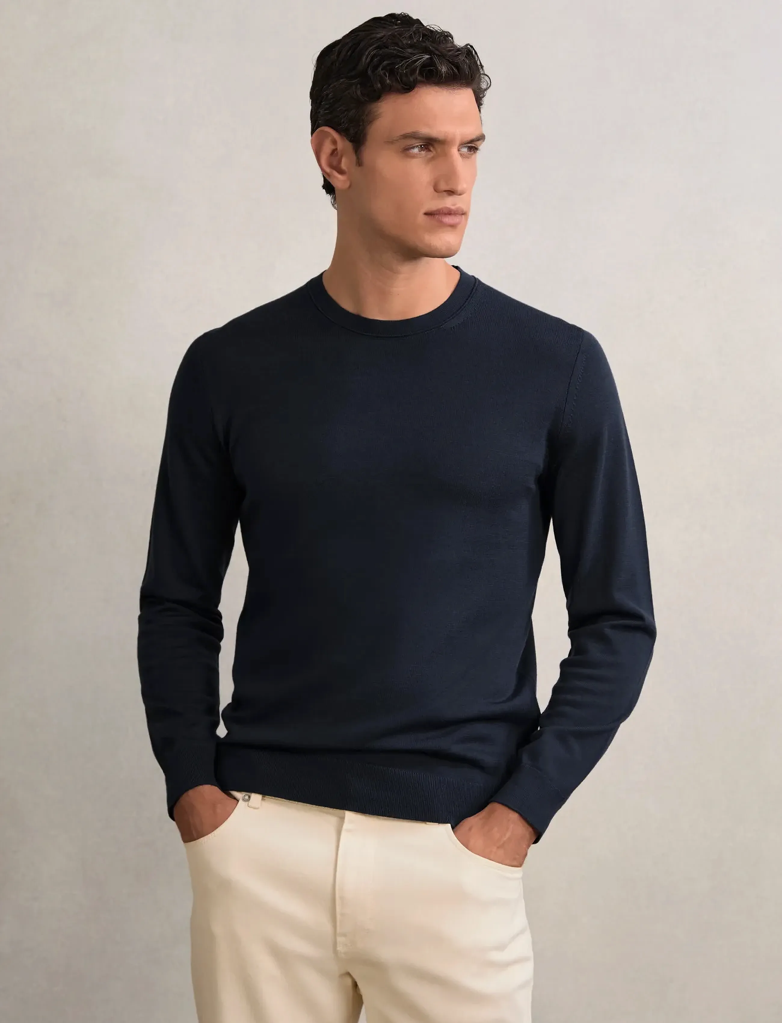 Reiss Wessex, Mænd, Rundhalset Sweater, Navy, Str: L