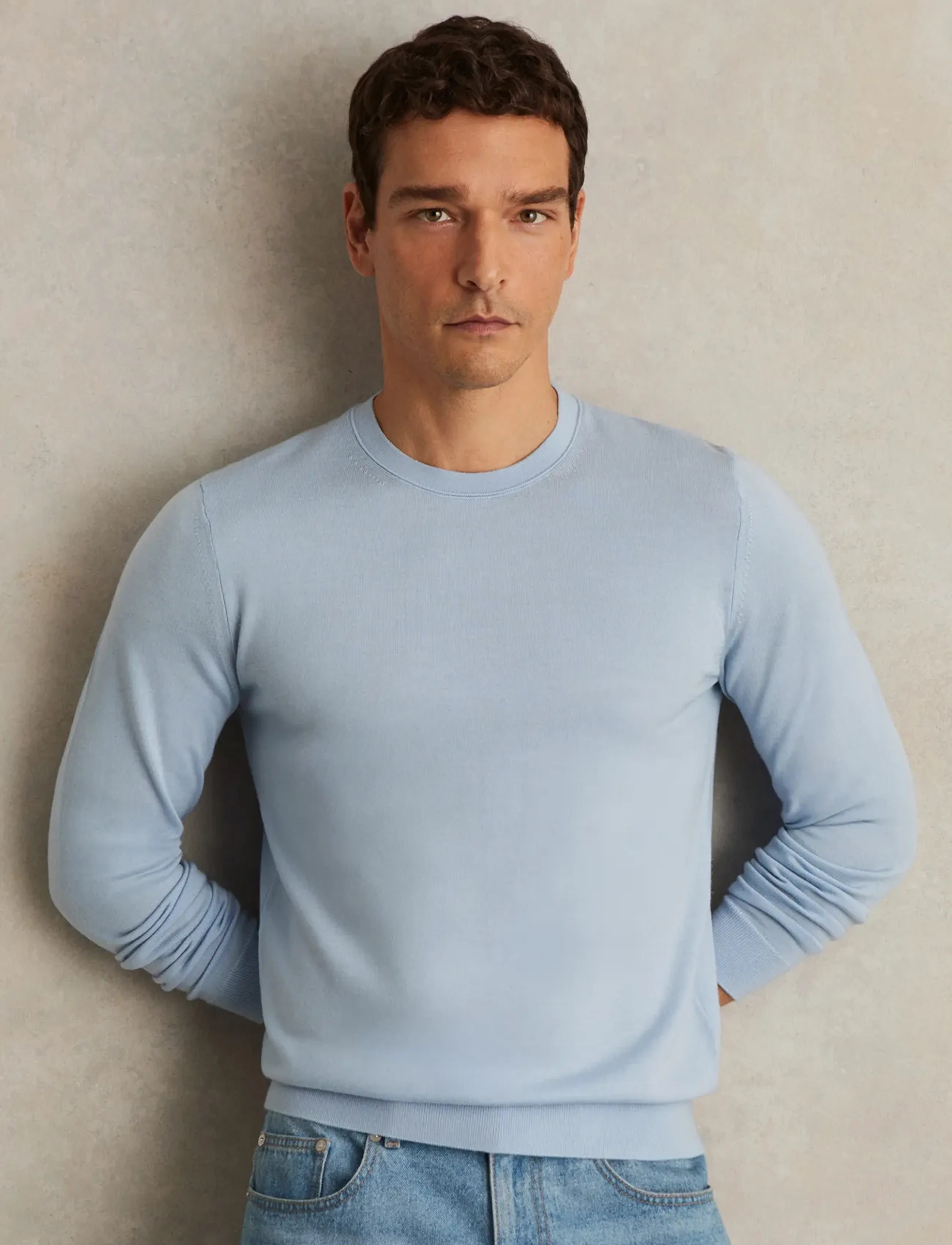 Reiss Wessex, Mænd, Rundhalset Sweater, Blå, Str: L