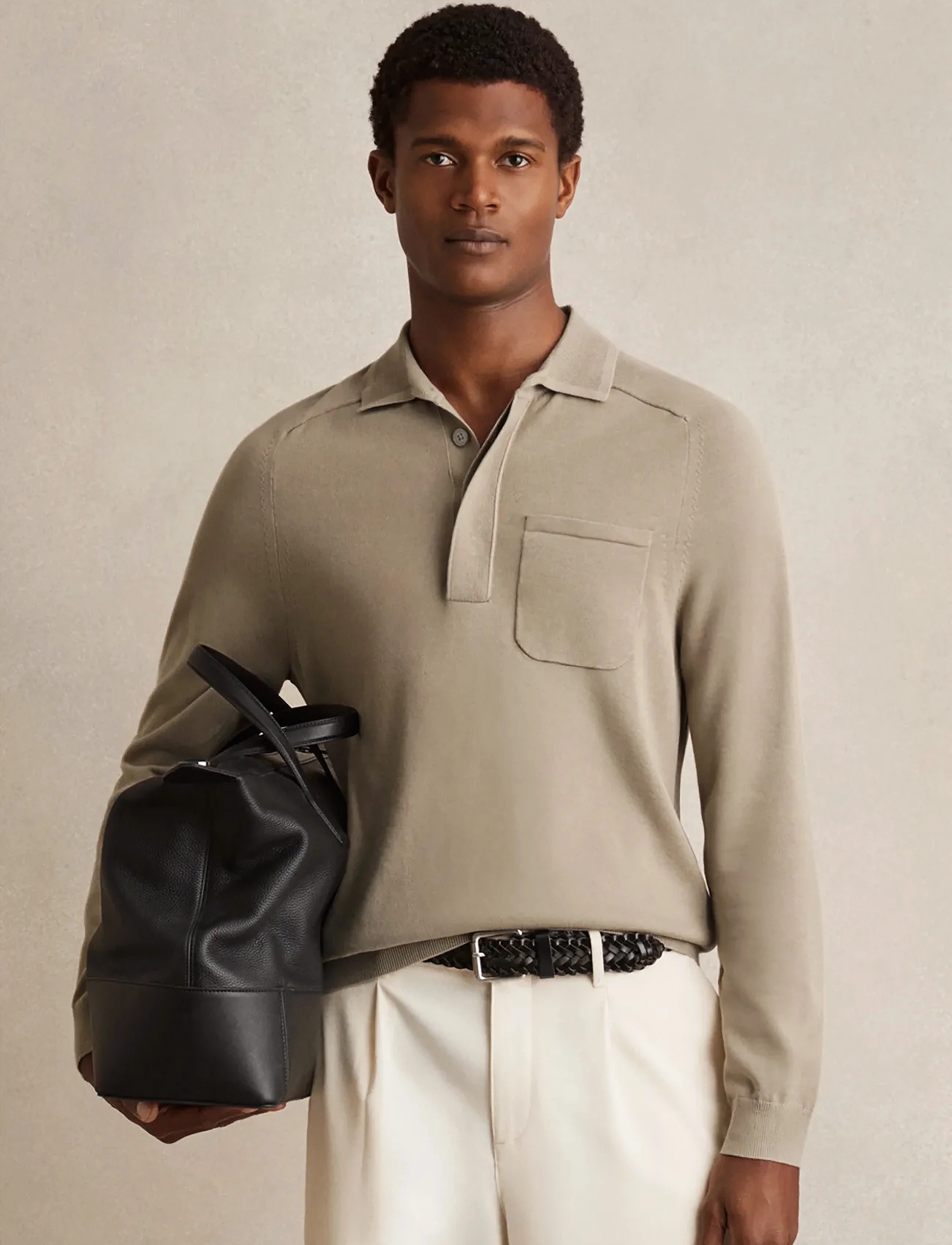 Reiss Clinton, Mænd, Strikket Poloshirt, Beige, Str: M