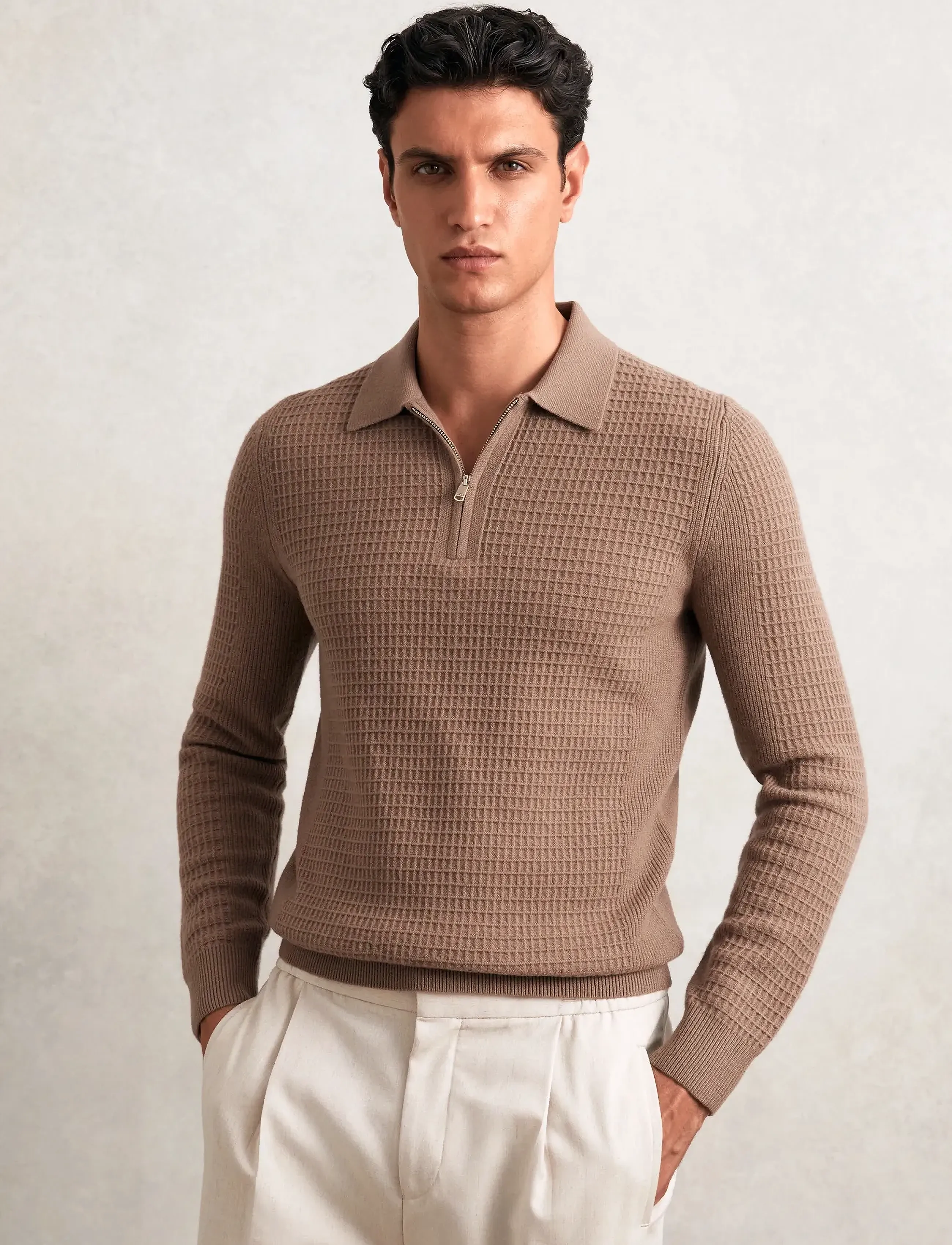 Reiss Hamilton, L, Brown, Strik > Langærmede Strikkede Poloer, Herre