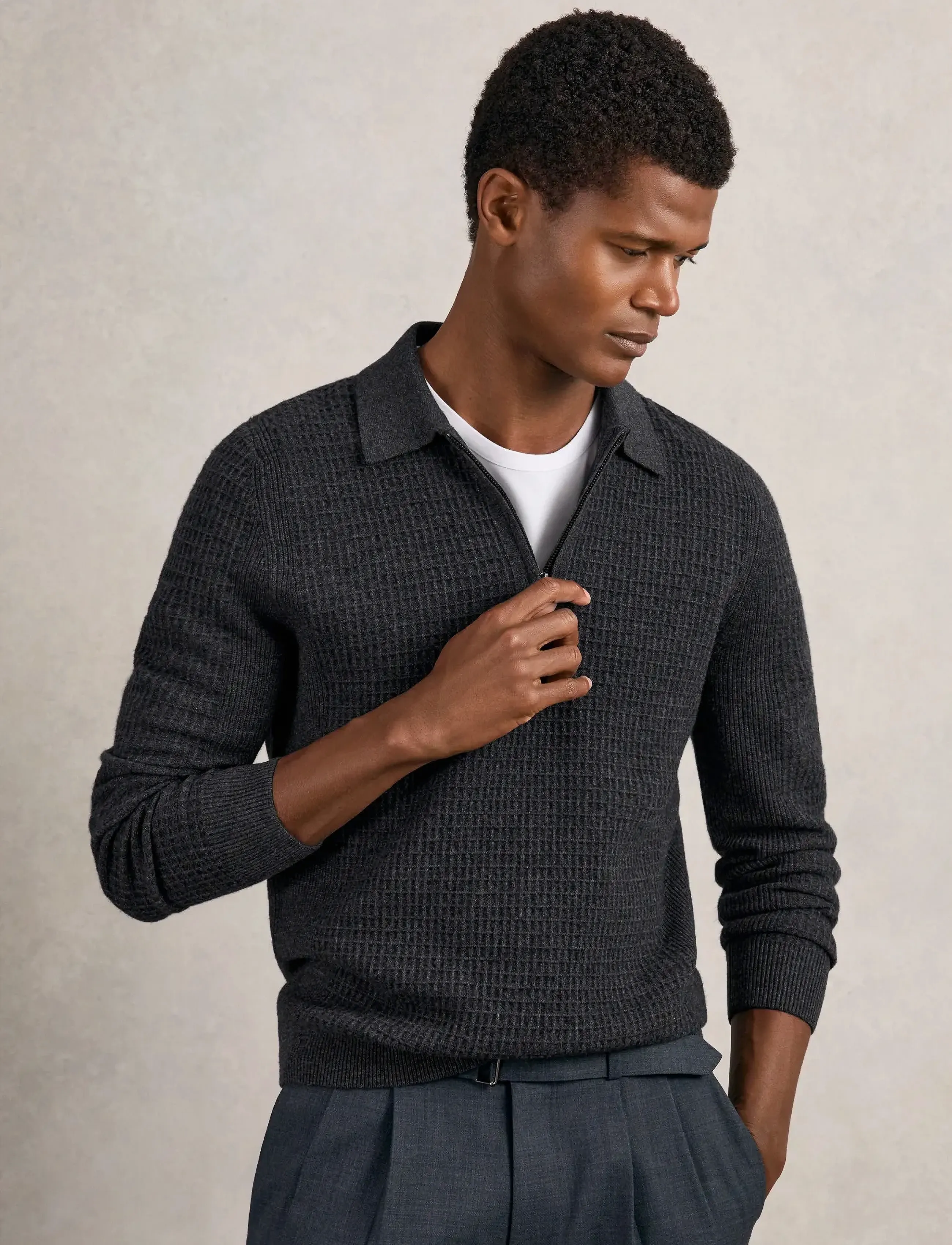 Reiss Hamilton, Mænd, Lynlås Polo Sweater, Grå, Str: L
