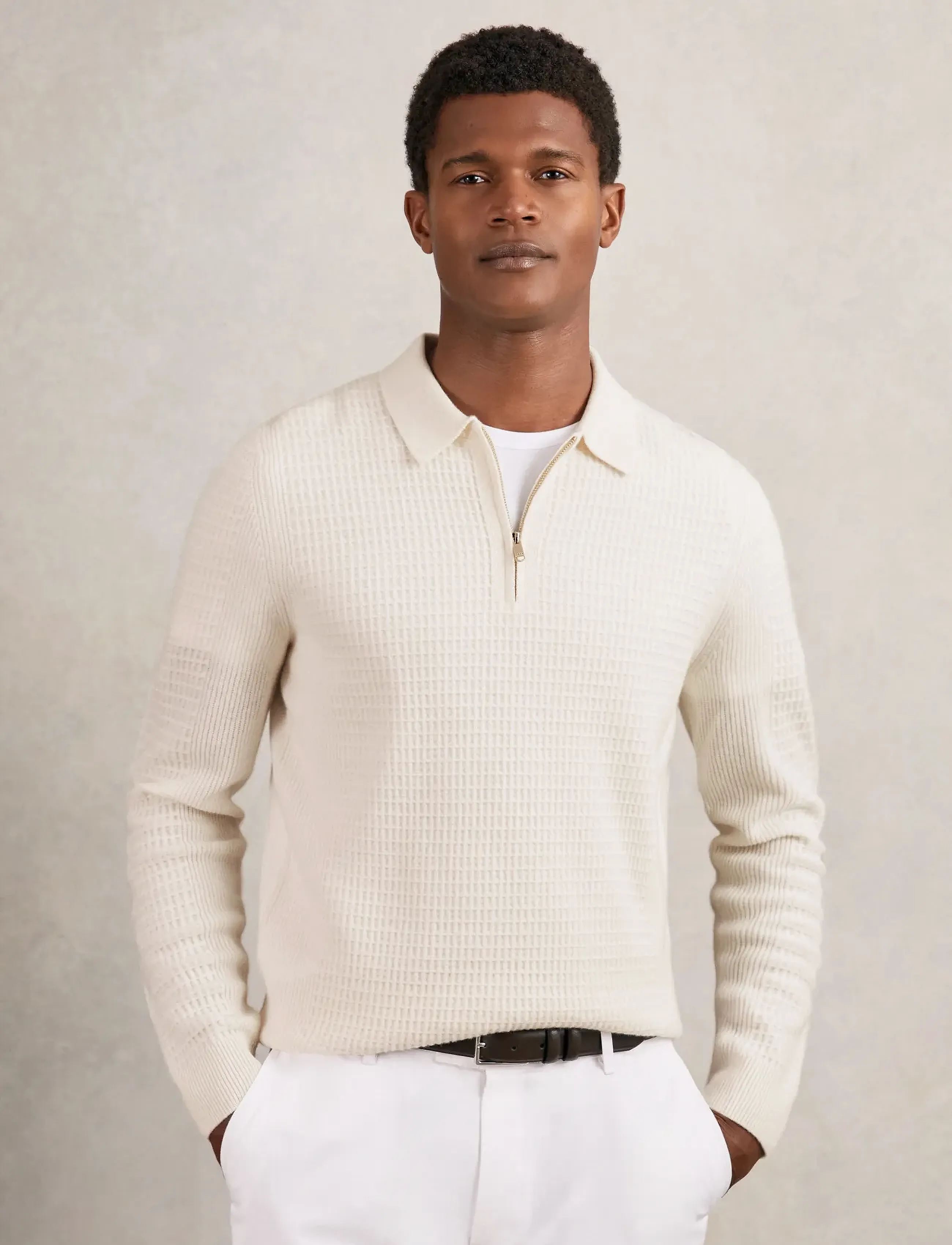 Reiss Hamilton, Mænd, Lynlås Polo Sweater, Cream, Str: XL