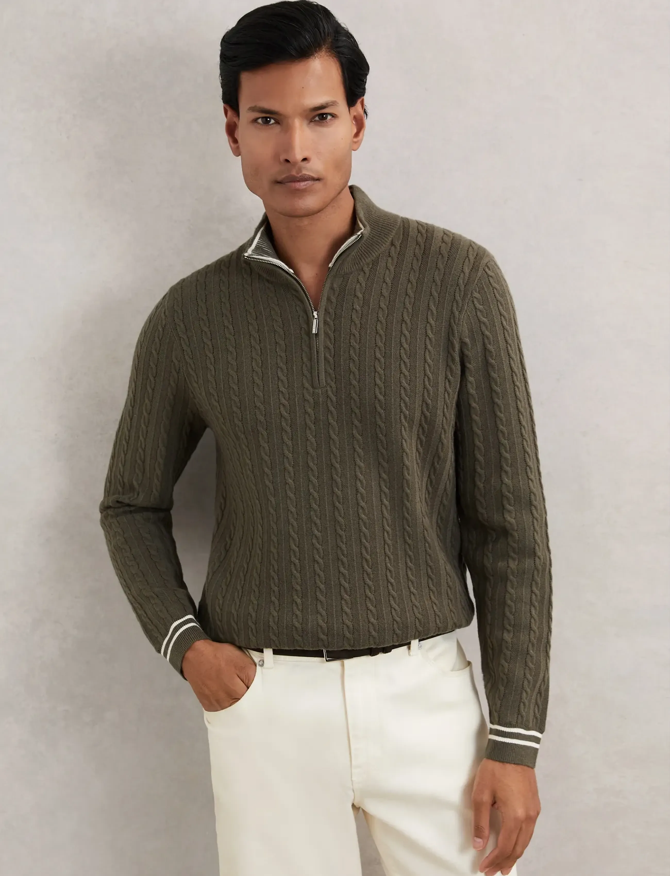Reiss Tuscano, Mænd, Kabelstrikket Halv-Zip Sweater, Kakigrøn, Str: S