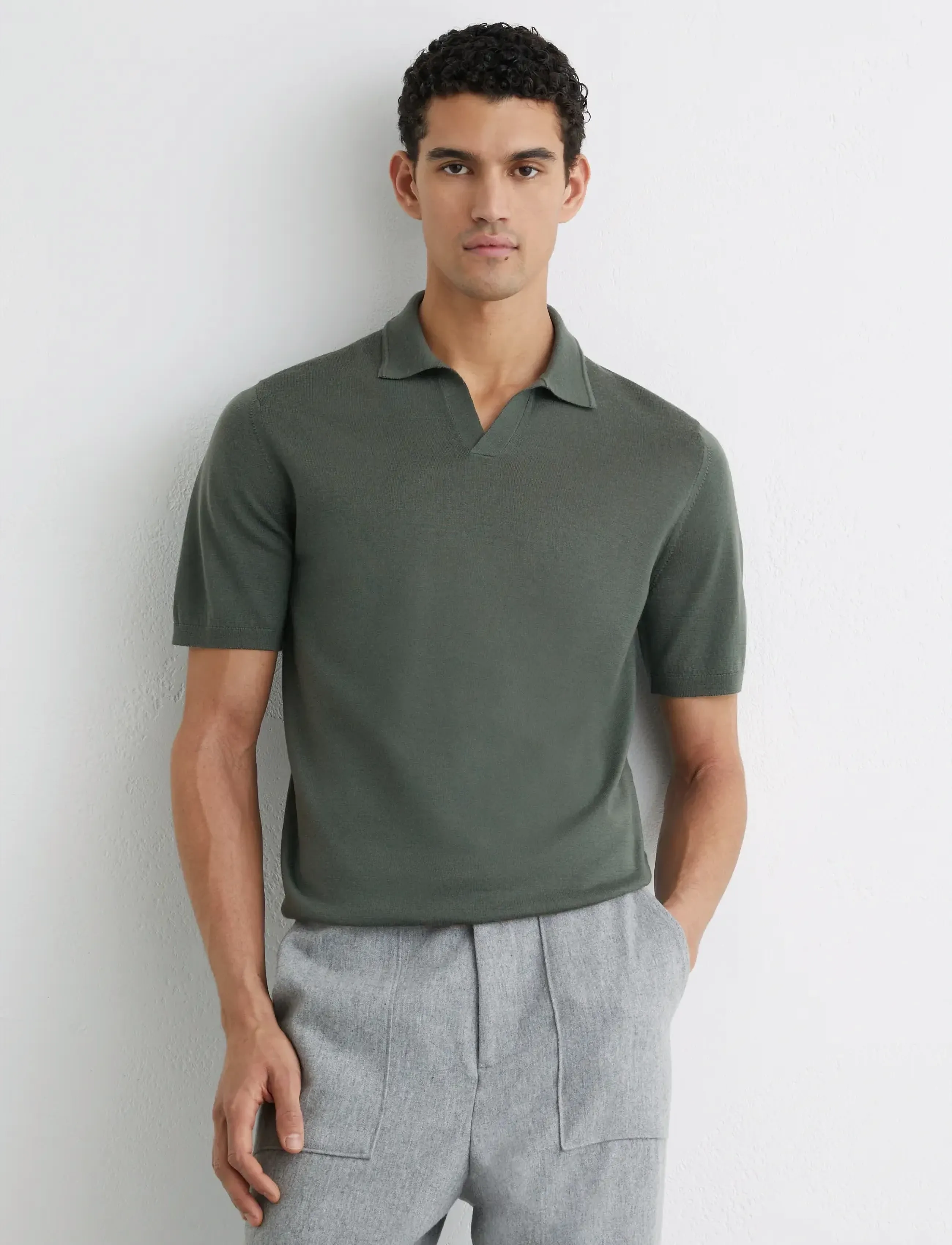 Reiss Duchie, Mænd, Strikket Poloshirt, Kakigrøn, Str: M