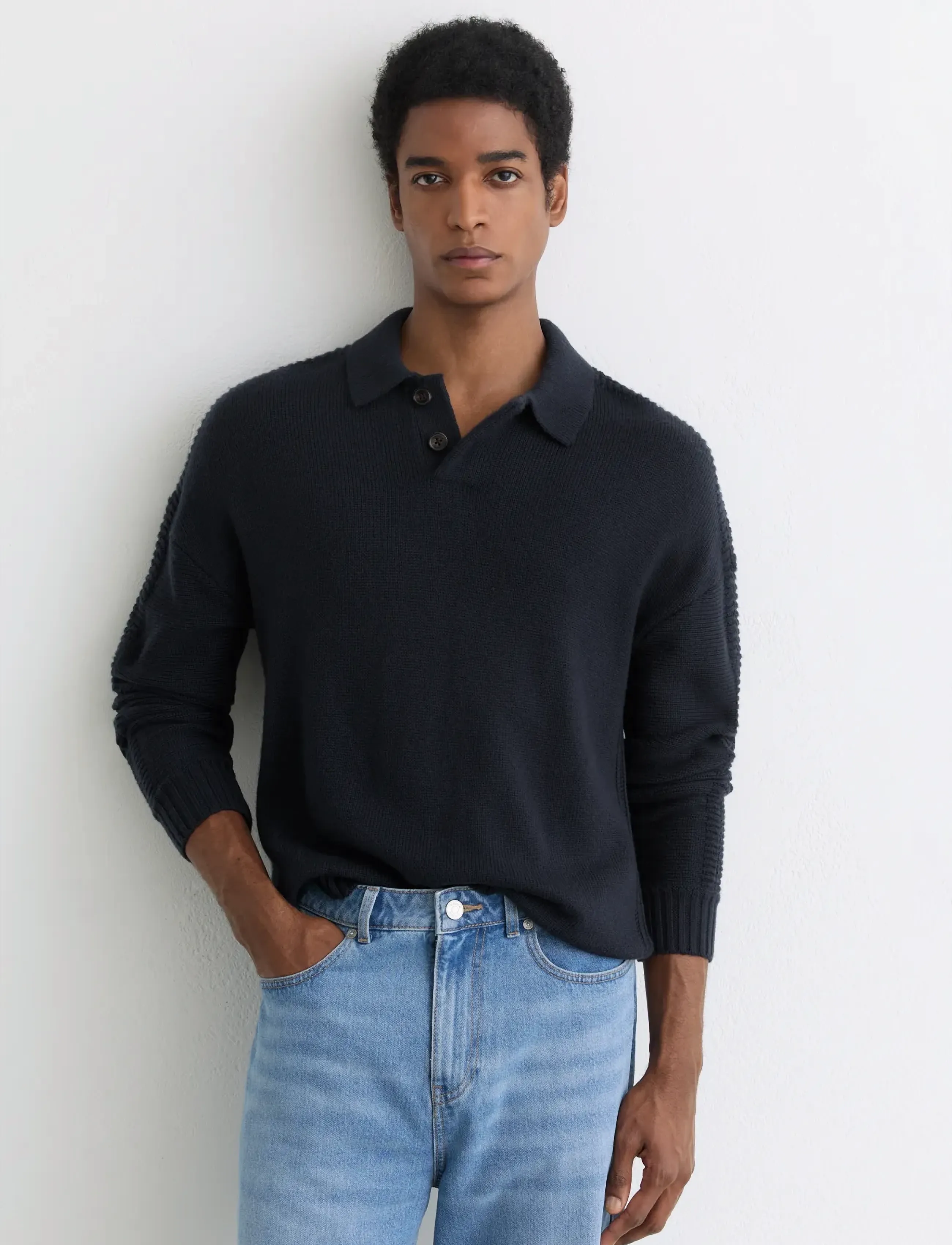 Reiss Elm, S, Knitwear, Marineblau - Long Sleeve Knitted Polos, Männerswear