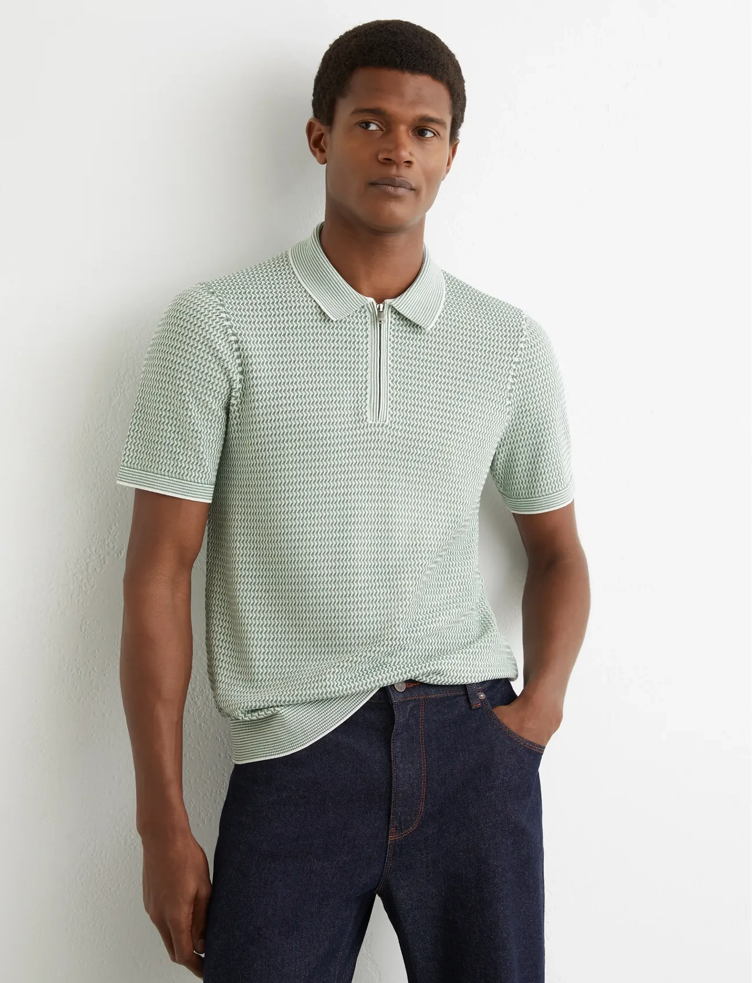 Reiss Brink, Mænd, Strikket Poloshirt Med Lynlås, Grøn, Str: S