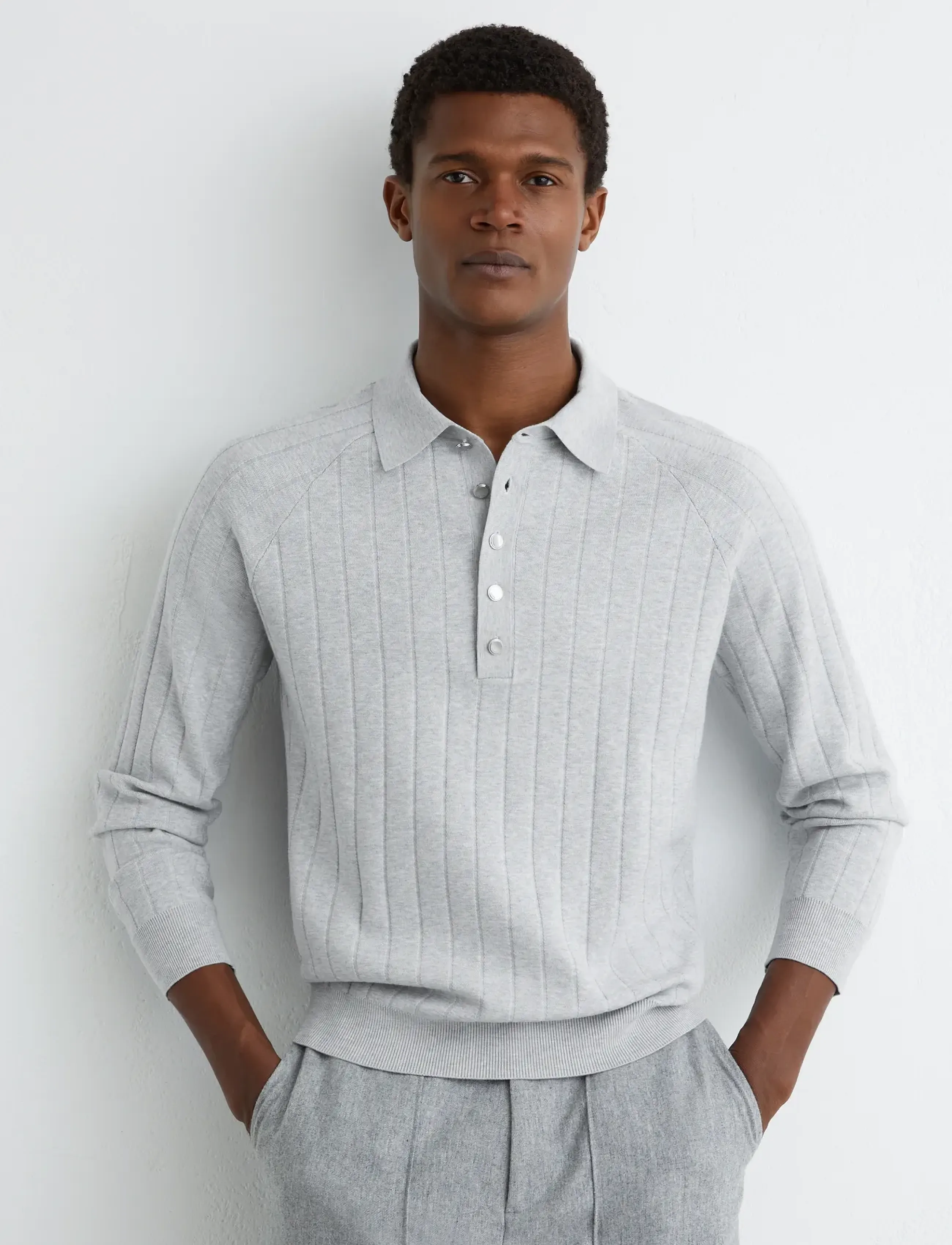 Reiss Dillingham, Mænd, Langærmet Ribstrikket Poloshirt, Grå, Str: L