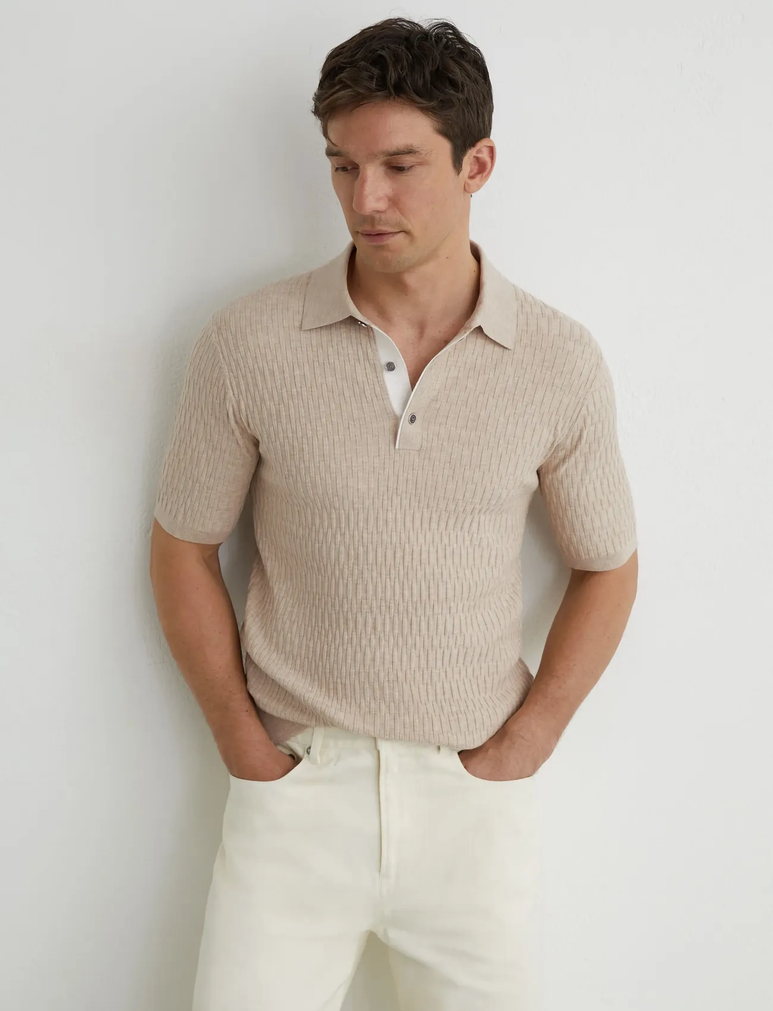 Reiss Era, Mænd, Strikket Poloshirt, Beige, Str: S