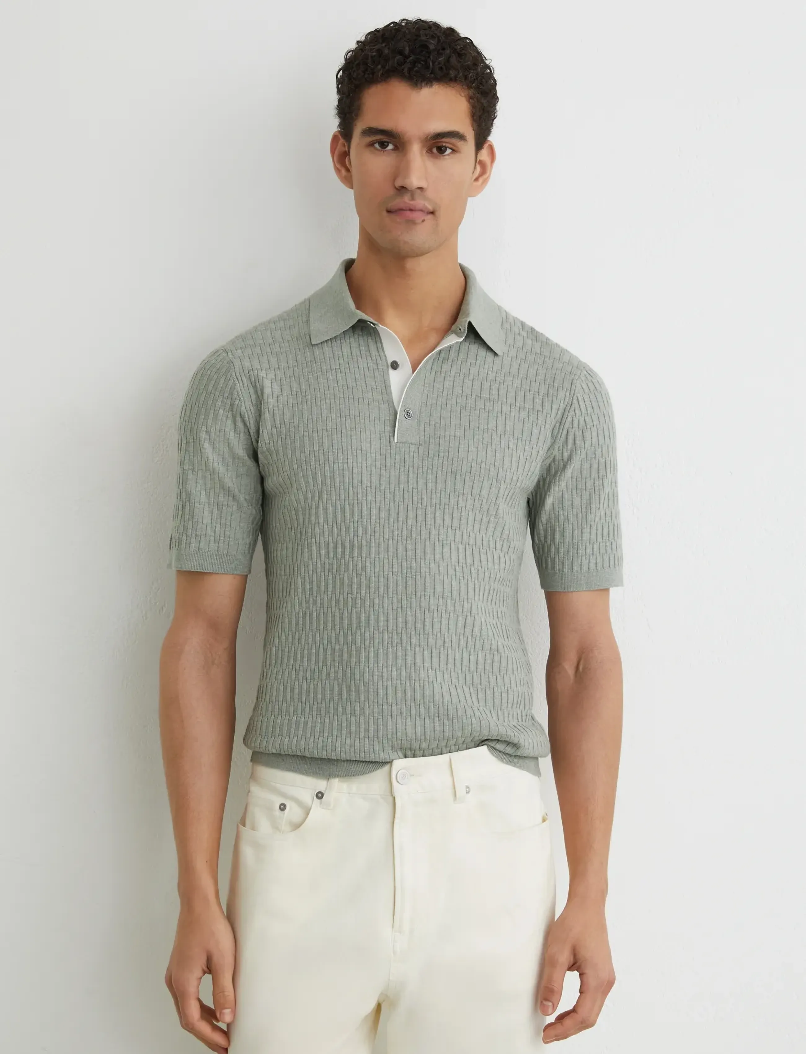 Reiss Era, Mænd, Strikket Poloshirt, Kakigrøn, Str: XL