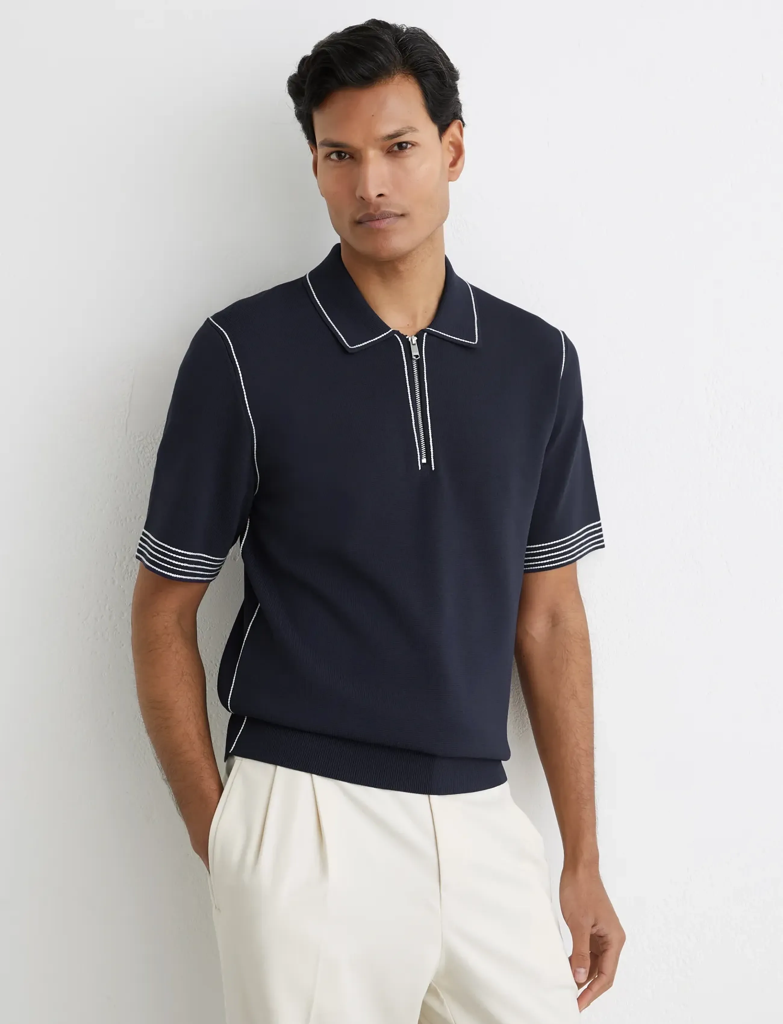 Reiss Mason, XL, Knitwear, Marineblau - Short Sleeve Knitted Polos, Männerswear