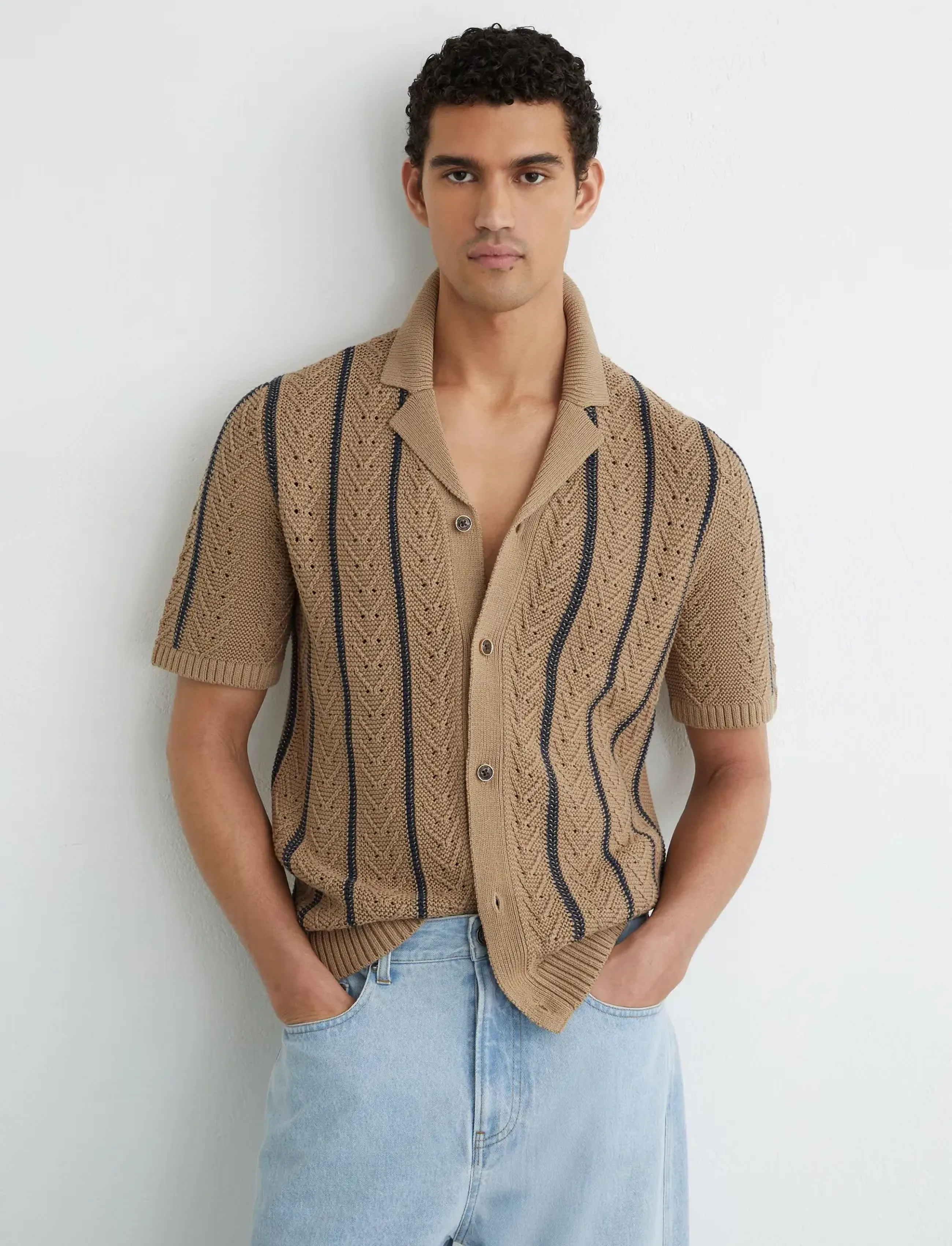 Reiss Ellingham, Mænd, Strikket Poloshirt, Beige, Str: L