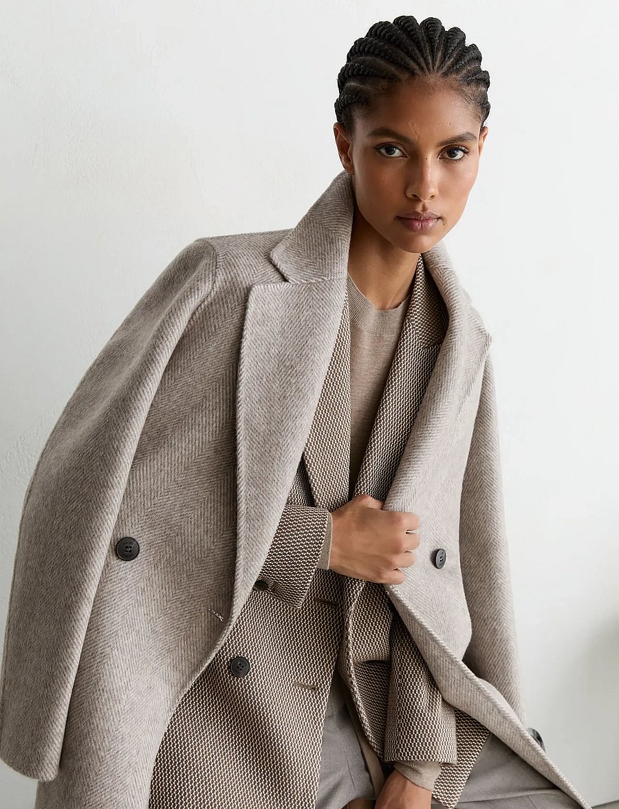 Reiss - DAIA HERRINGBONE LONG DB BLIND SEAM COAT - light grey - 4